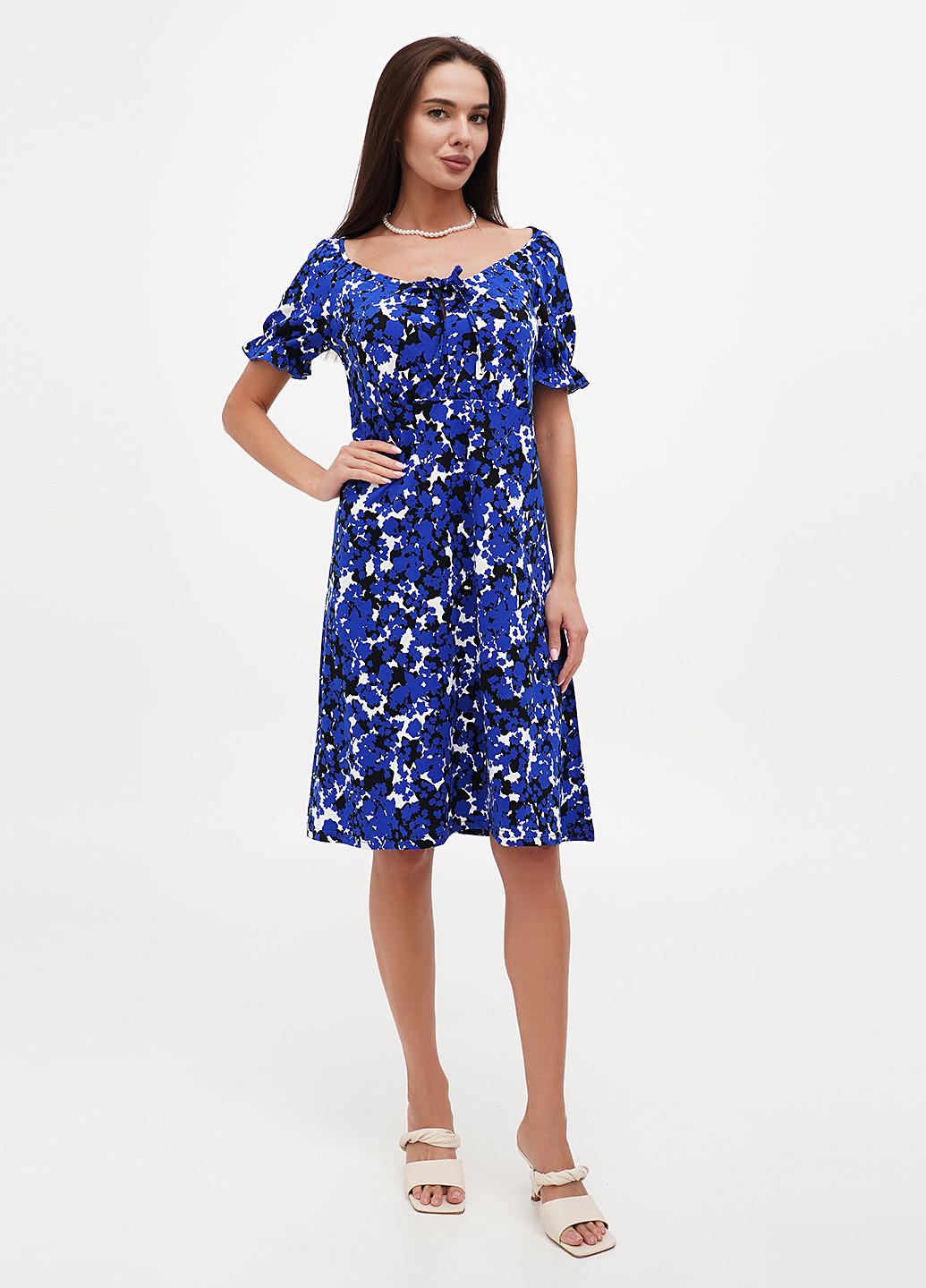 Синее кэжуал платье клеш Трикомир с цветочным принтом