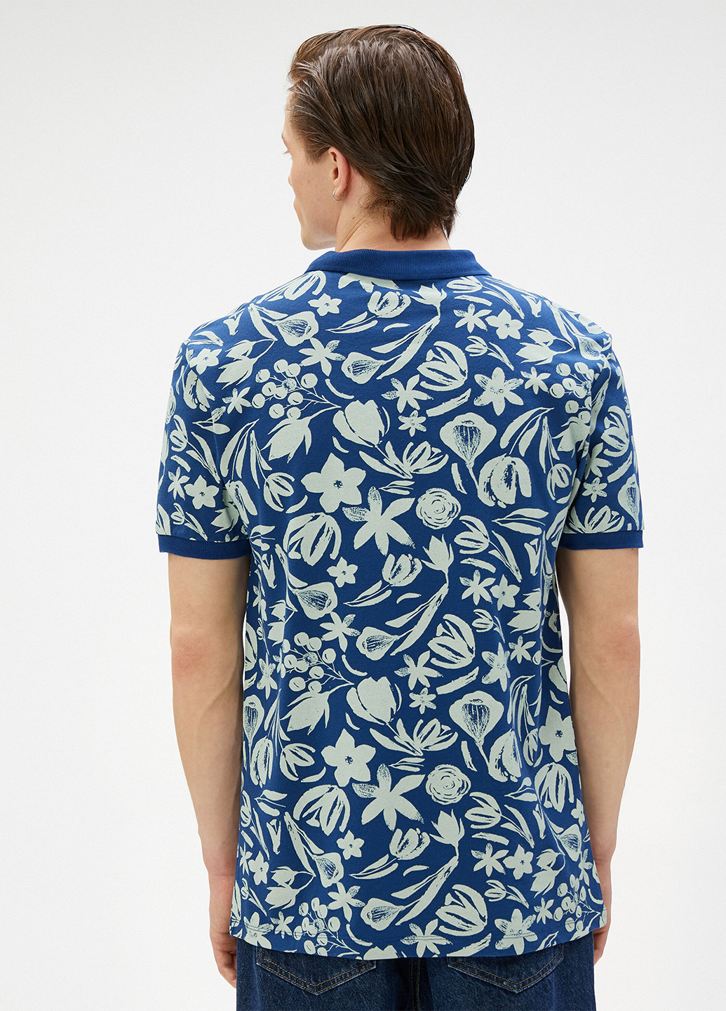 Синяя футболка-поло для мужчин KOTON с цветочным принтом