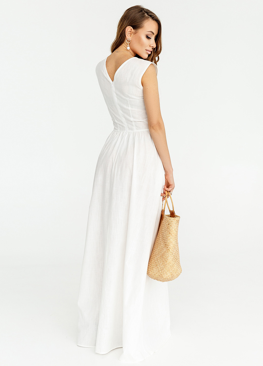 Белое кэжуал длинное льняное платье Gepur