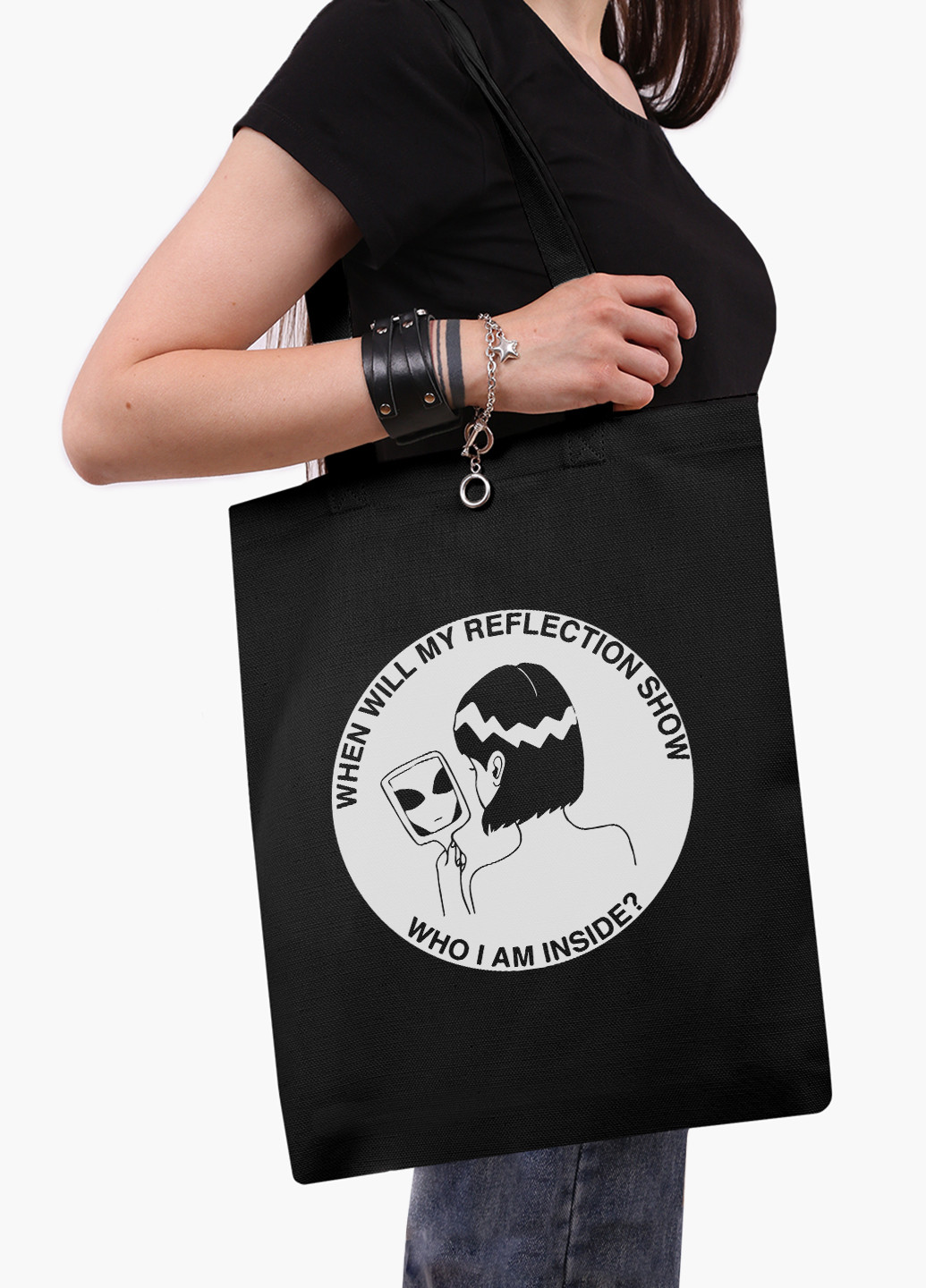 Еко сумка шоппер чорна Дівчина інопланетянин (Why I am inside?) (9227-2847-BK-1) Еко сумка шоппер чорна 41*35 см MobiPrint (221682931)