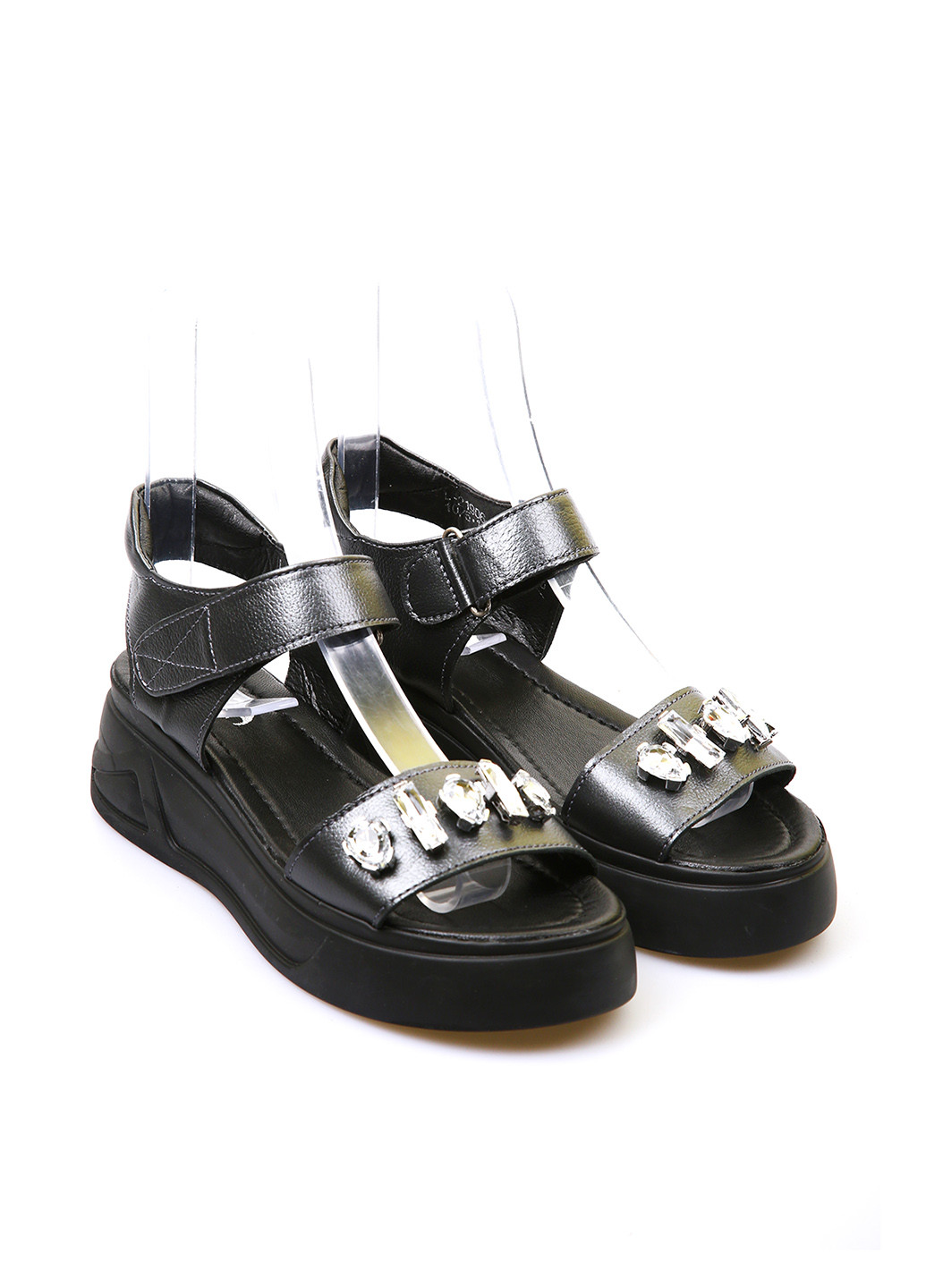 Темно-серые босоножки Lonza на липучке с камнями