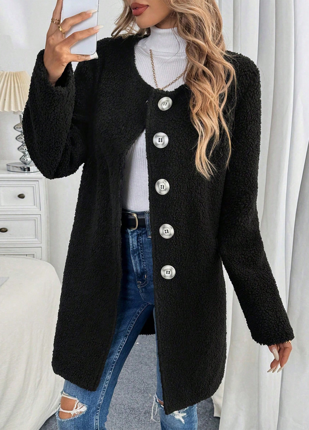 Чорне зимнє Пальто однобортне SHEIN