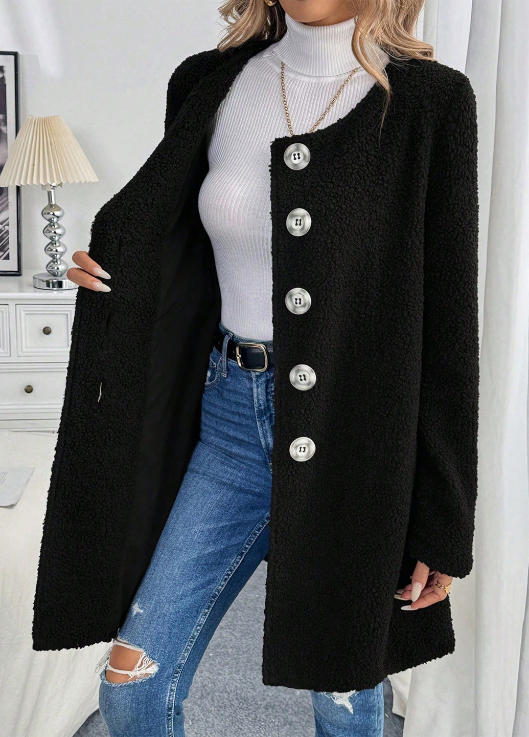 Чорне зимнє Пальто однобортне SHEIN