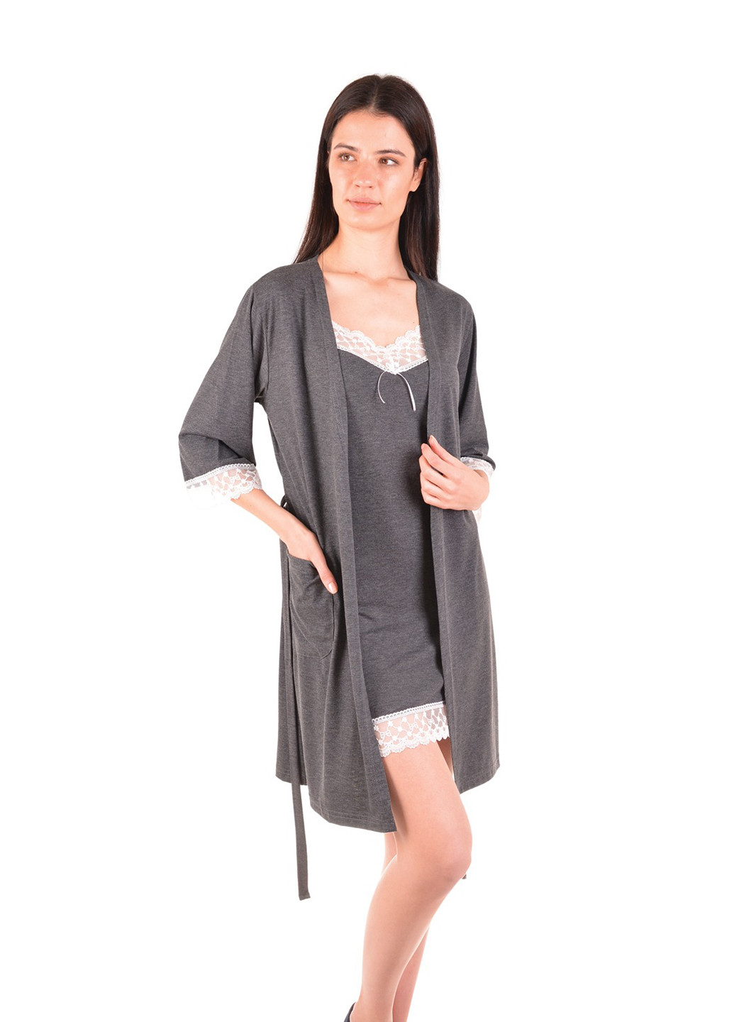 Серый демисезонный комплект (халат, ночная рубашка) Nicoletta