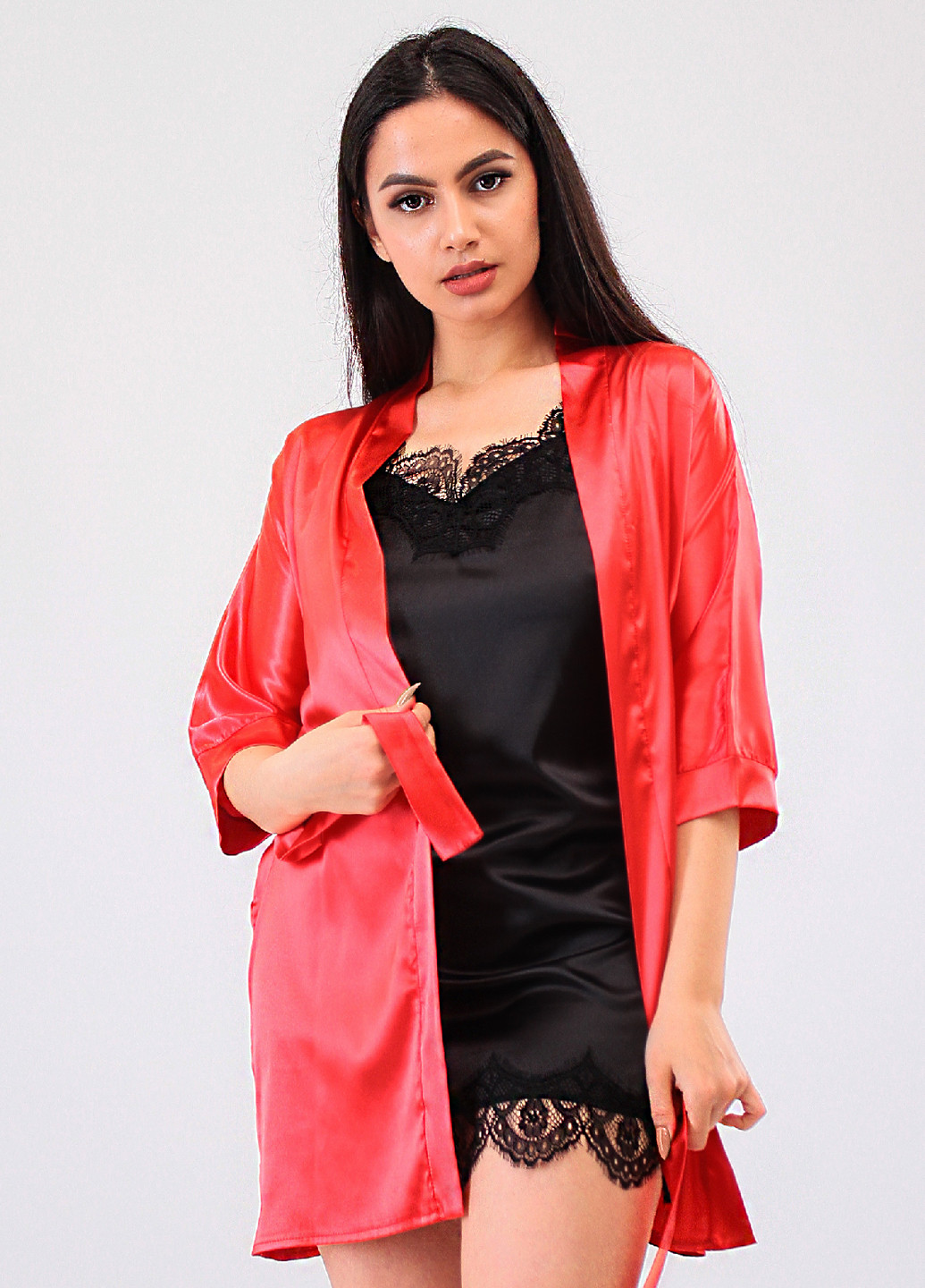 Червоний демісезонний комплект (нічна сорочка, халат) Ghazel