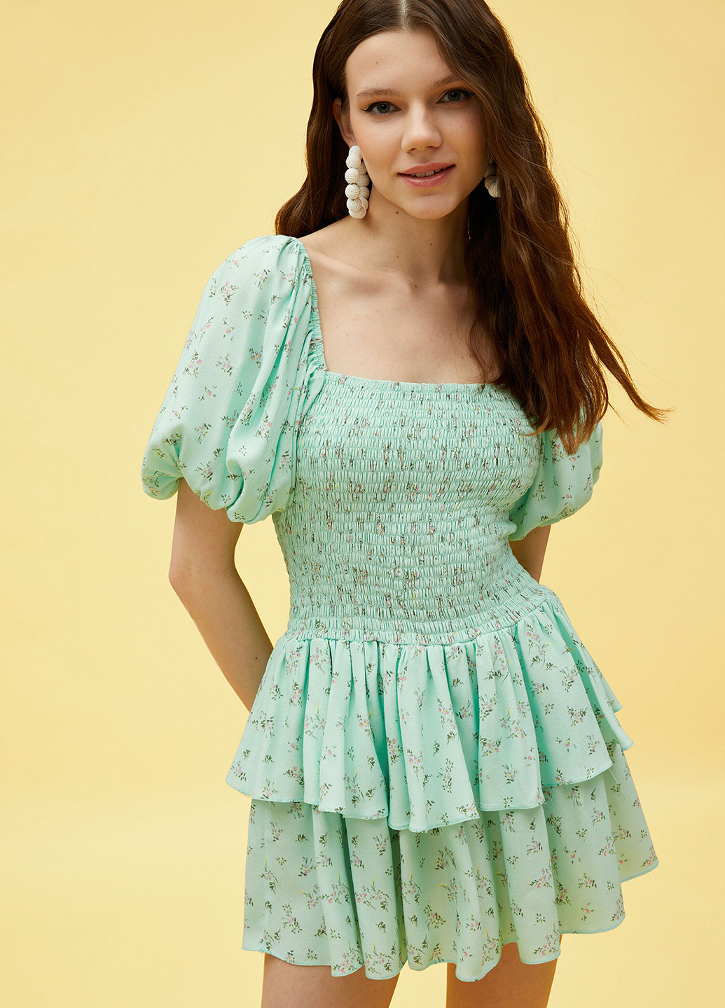 Мятное кэжуал платье клеш KOTON с цветочным принтом