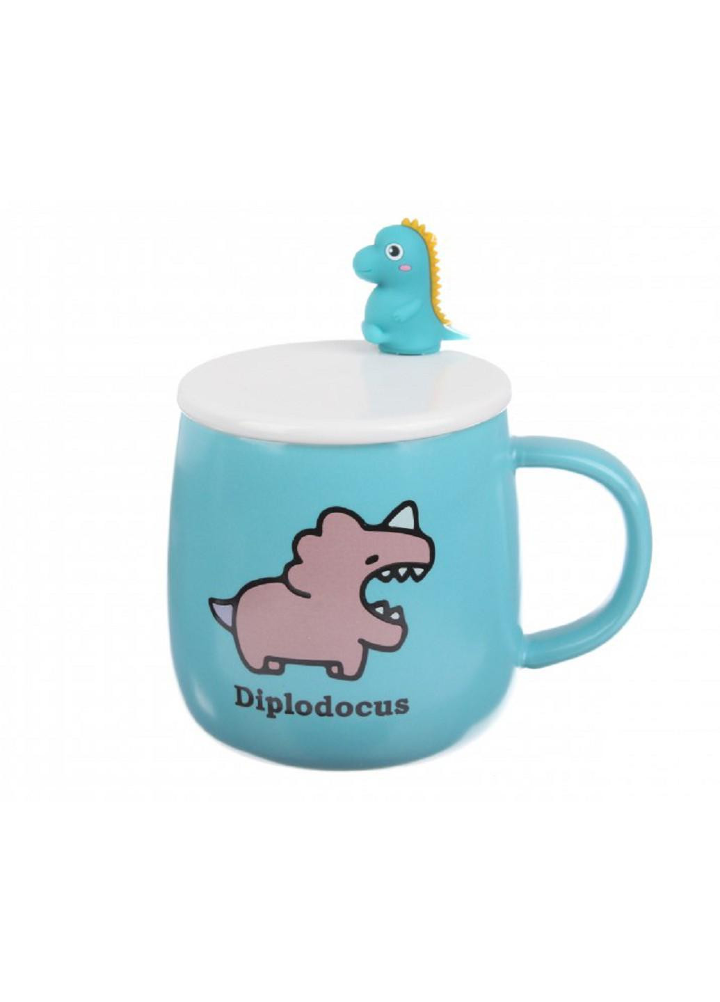 Керамическая чашка "Диплодок" с крышкой и ложкой 320 мл, голубой (66-8026) No Brand динозавр тёмно-голубая