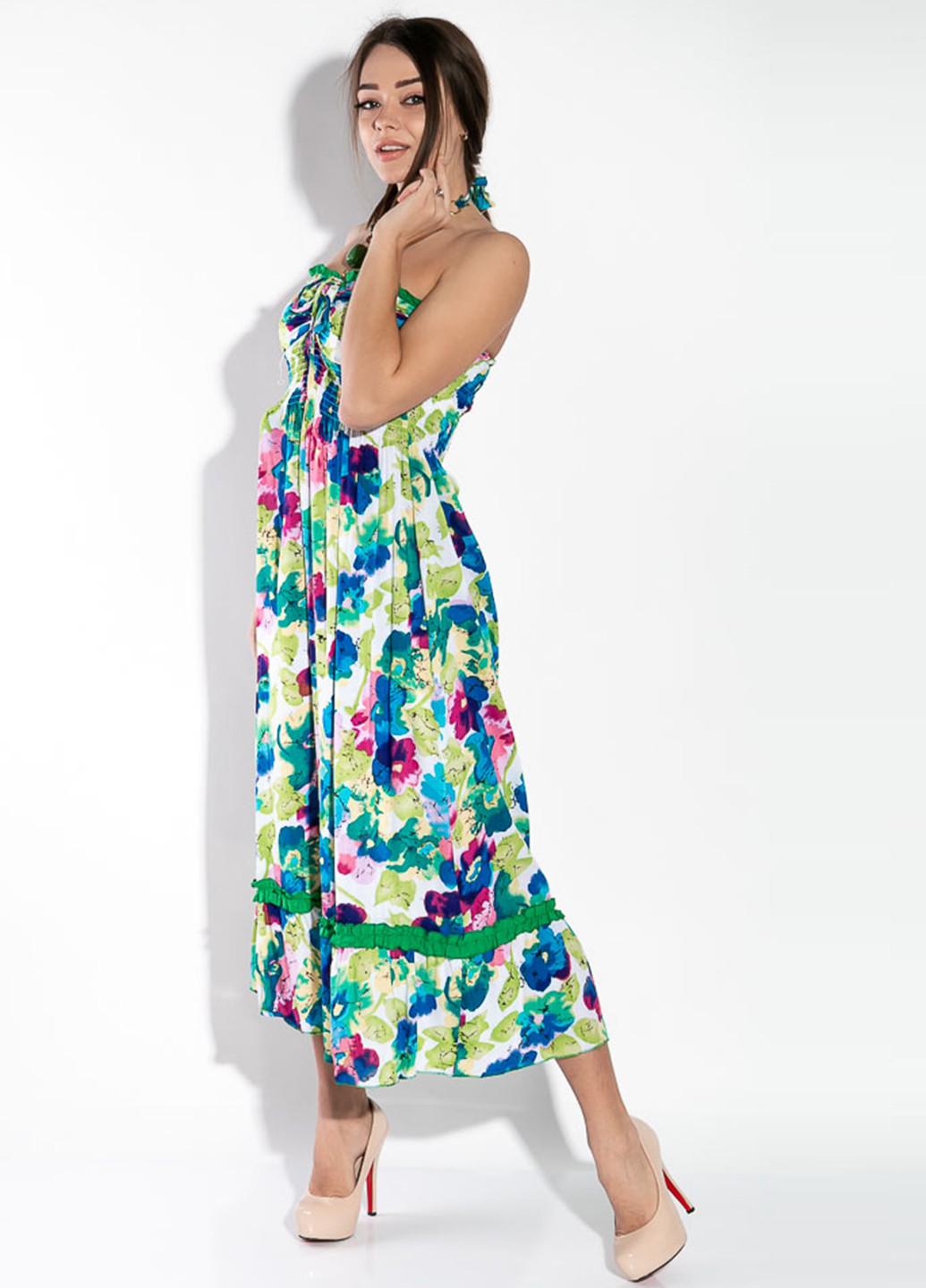 Зеленое кэжуал платье а-силуэт Time of Style с цветочным принтом