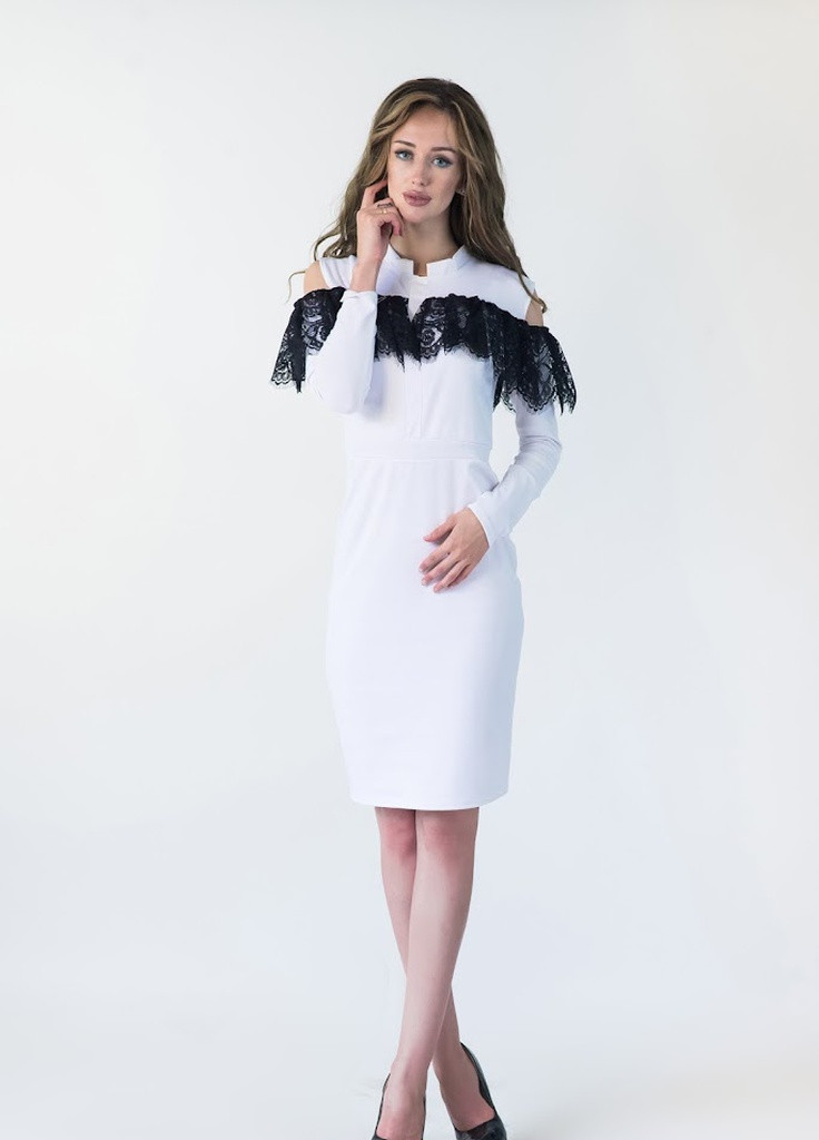Білий кежуал ошатне плаття-футляр з коміром стійка і басками з гіпюру elita білий Podium однотонна