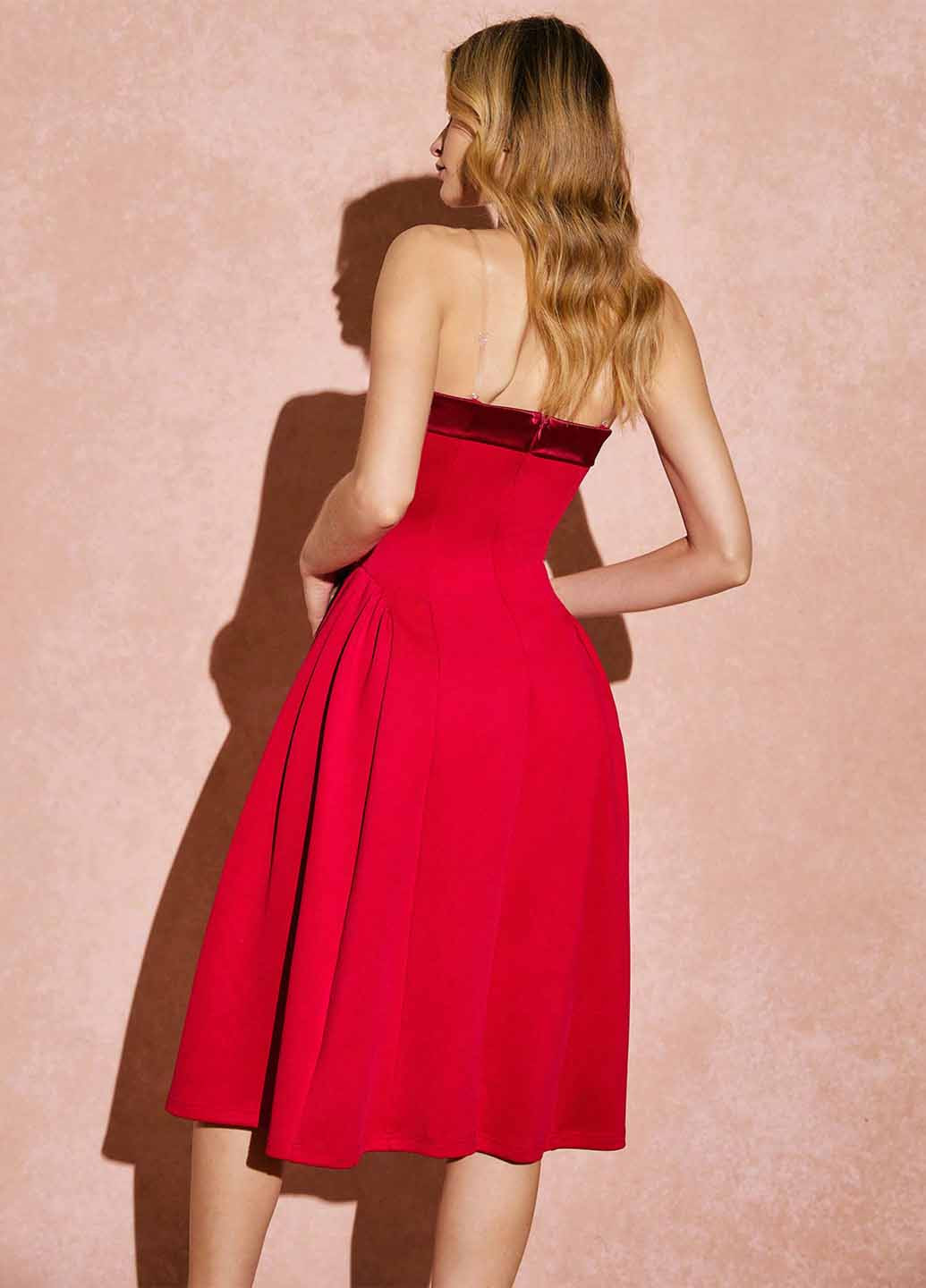 Червона вечірня сукня з спідницею-сонце, з відкритими плечима, з відкритою спиною SHEIN однотонна