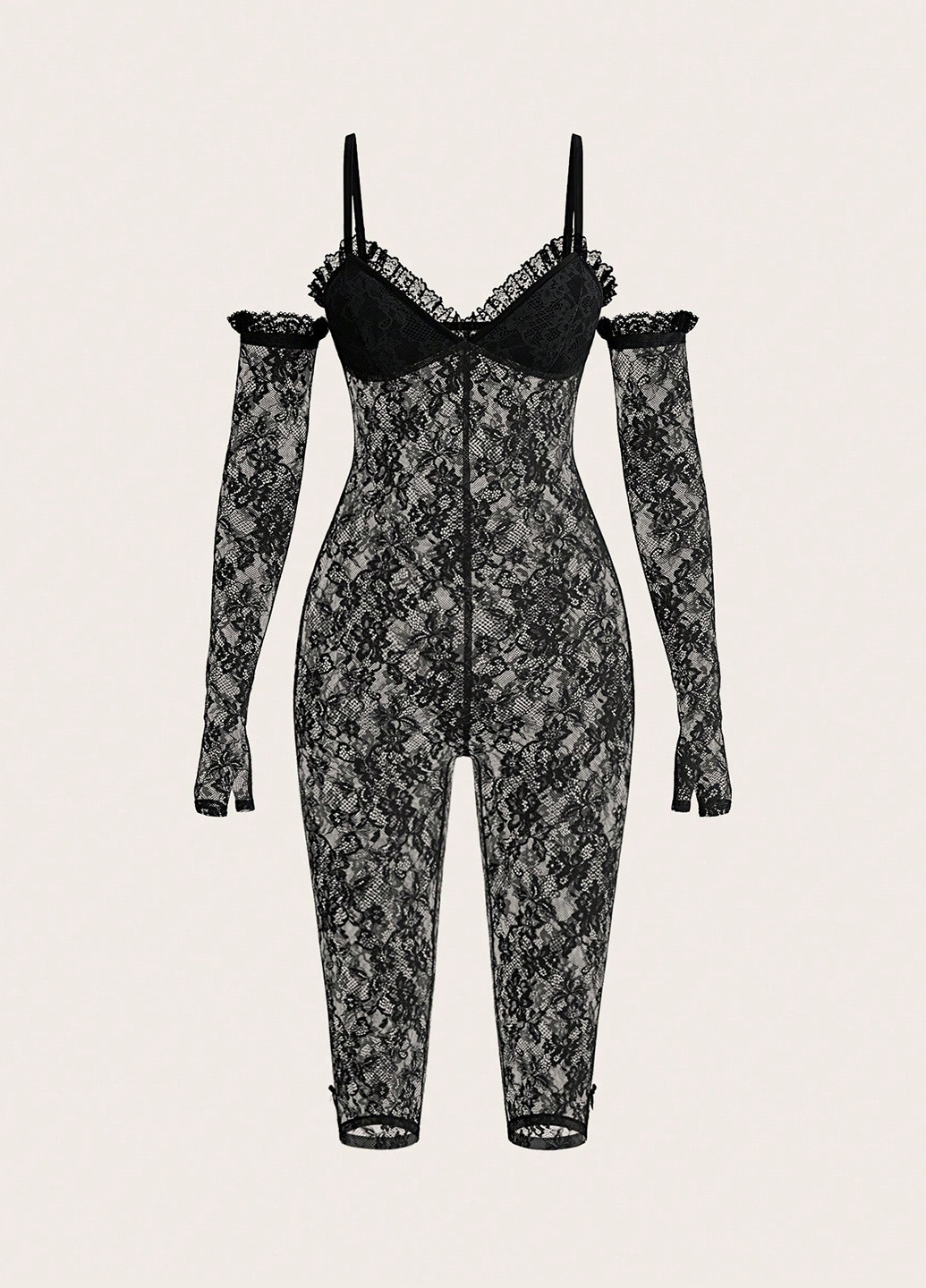Комбінезон SHEIN комбінезон-шорти квітковий чорний відвертий мереживо, поліамід