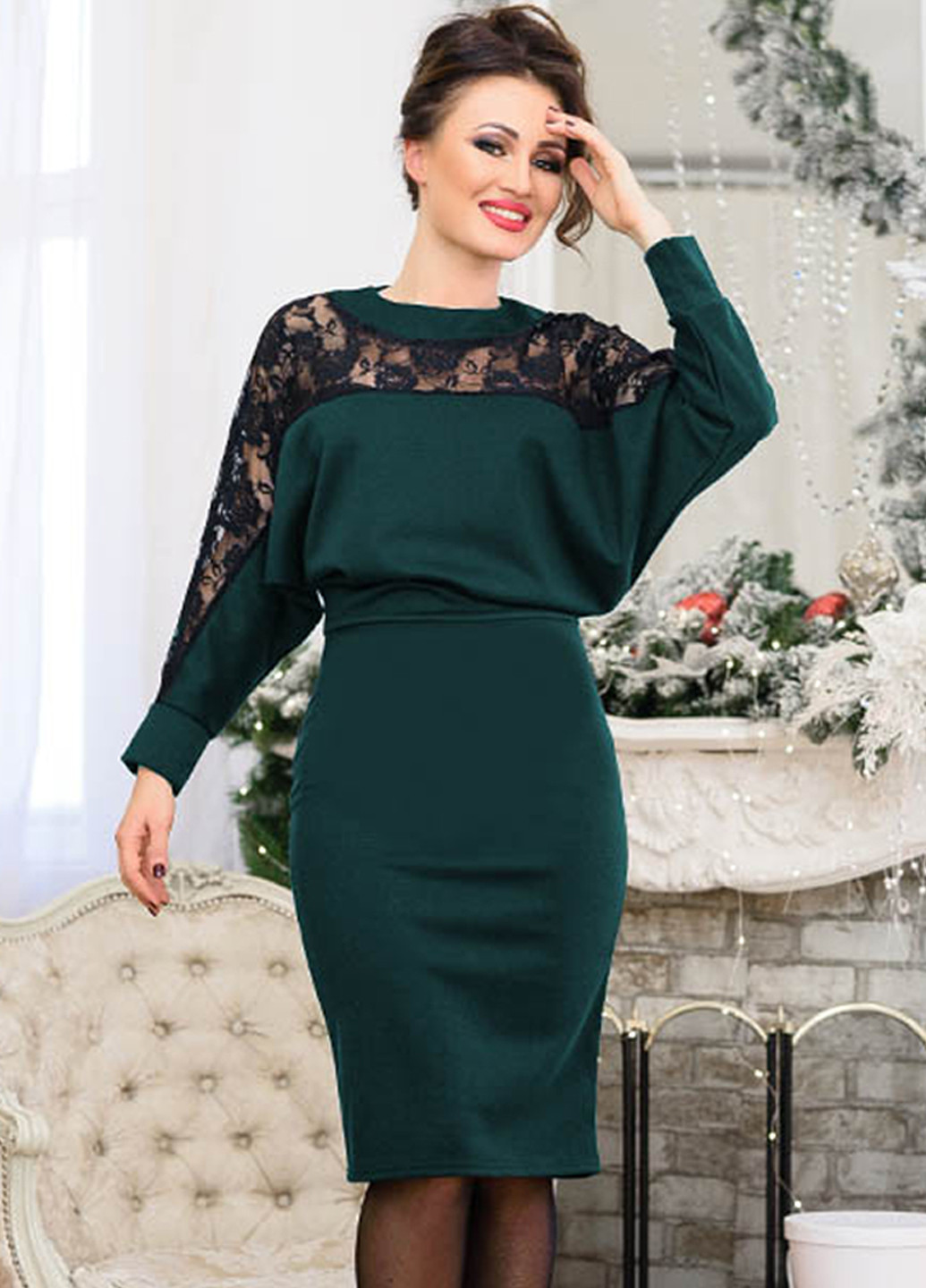 Темно-зеленое деловое платье с кружевом на каждый день альберта футляр Look & Buy