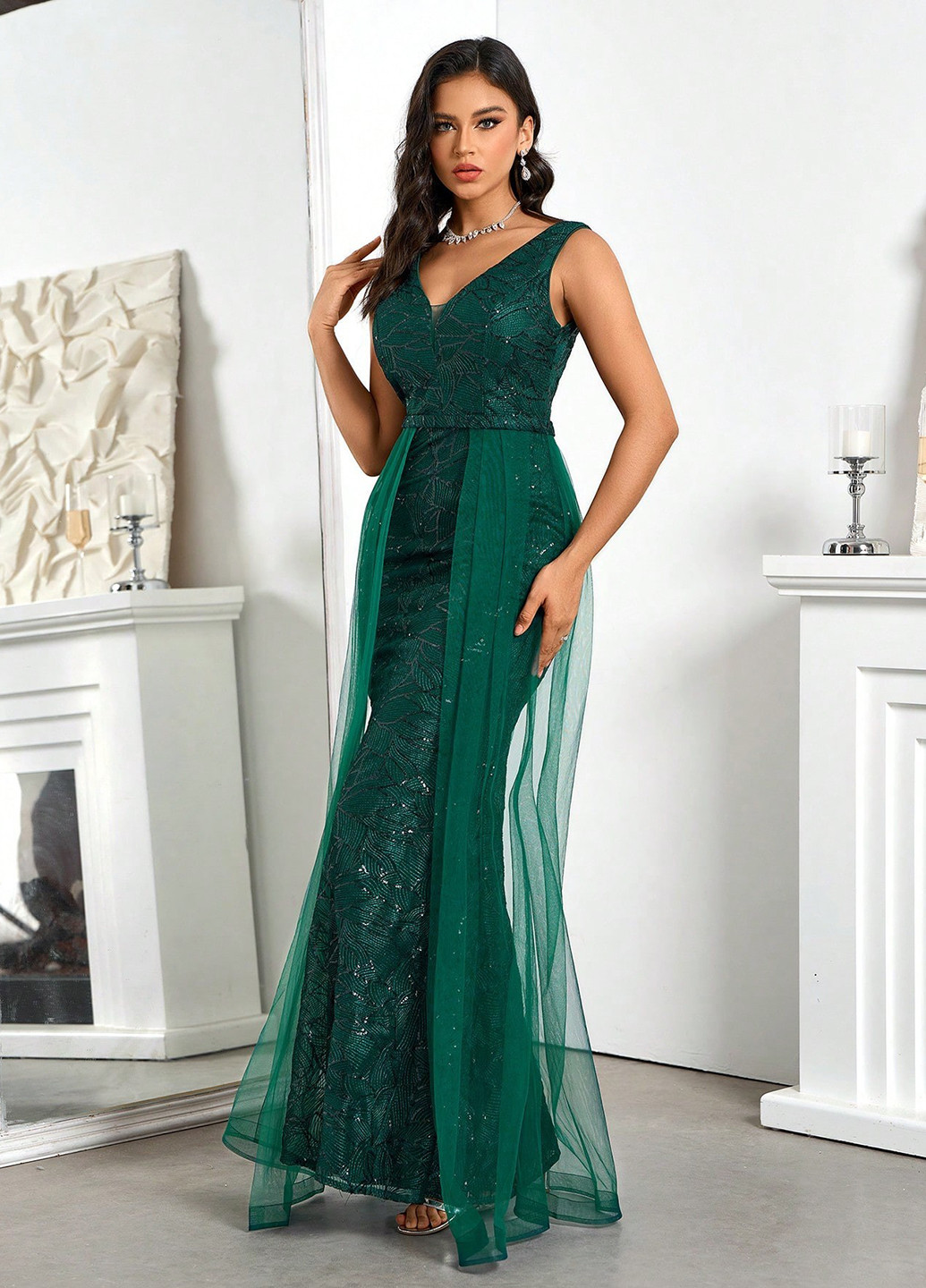 Изумрудное вечернее платье годе SHEIN однотонное