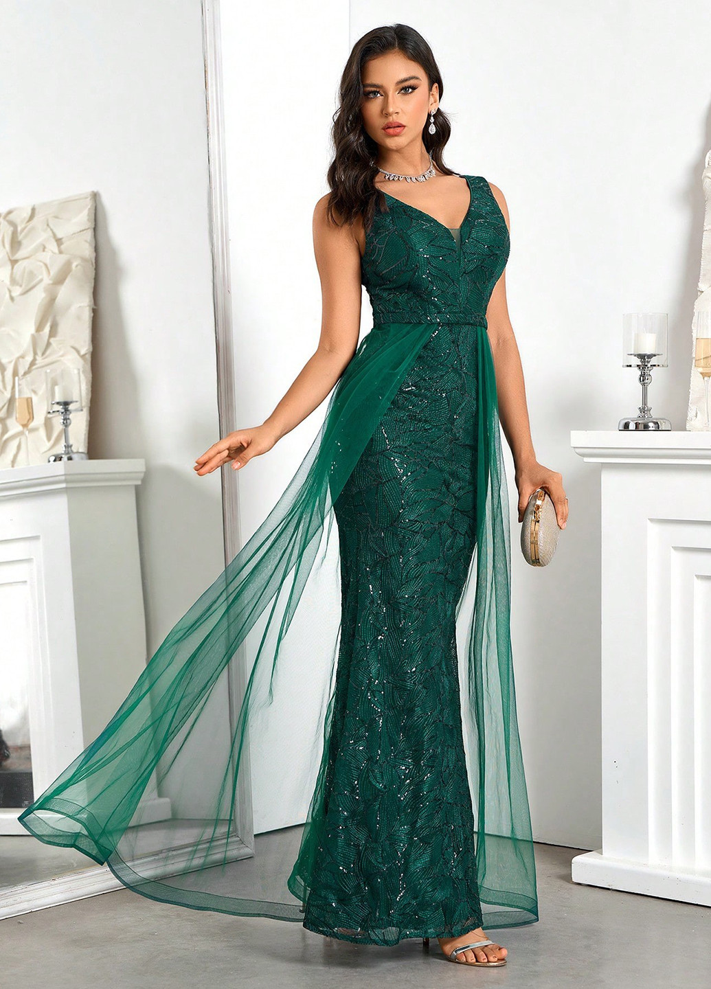 Изумрудное вечернее платье годе SHEIN однотонное