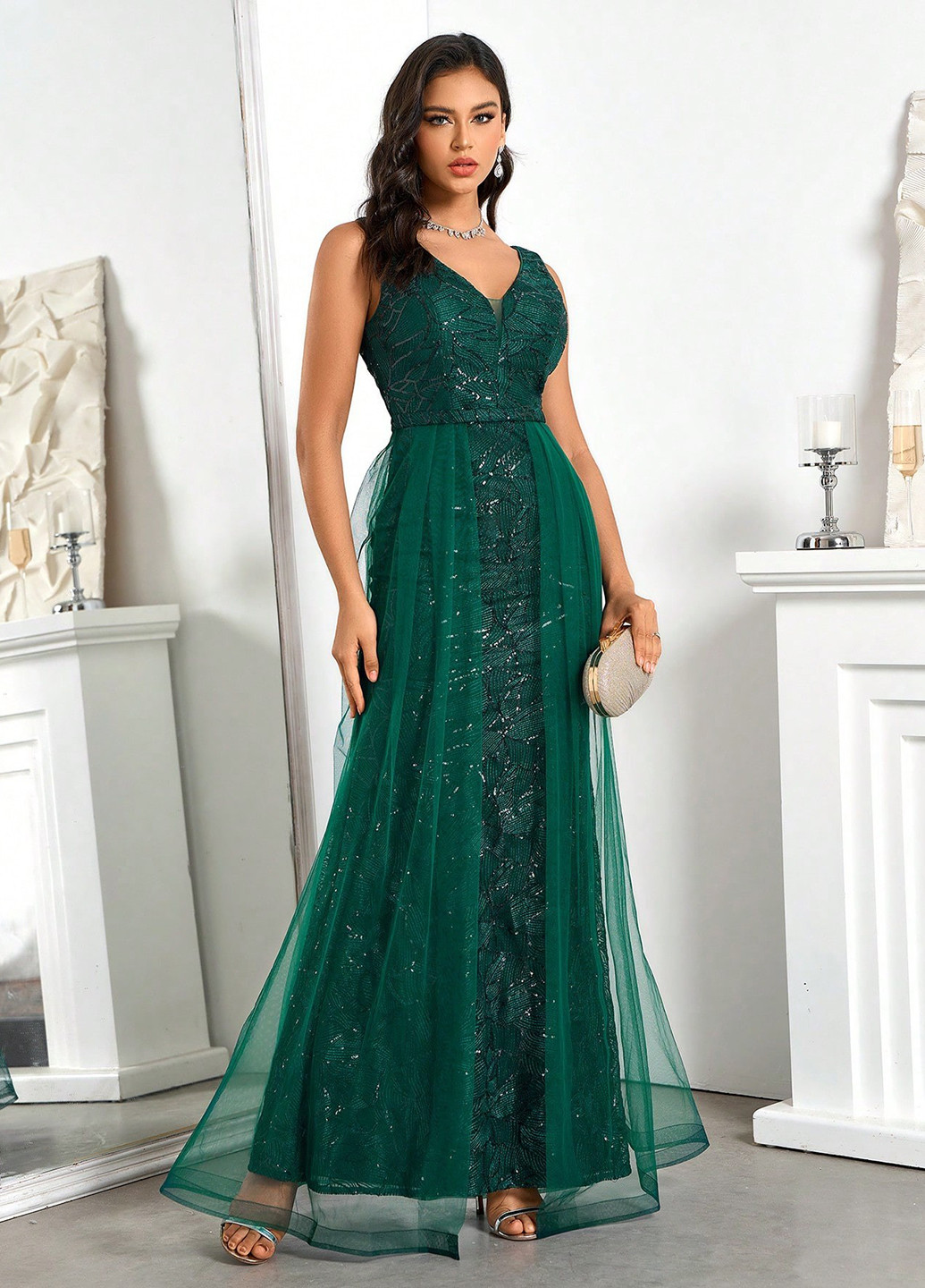 Изумрудное вечернее платье годе SHEIN однотонное