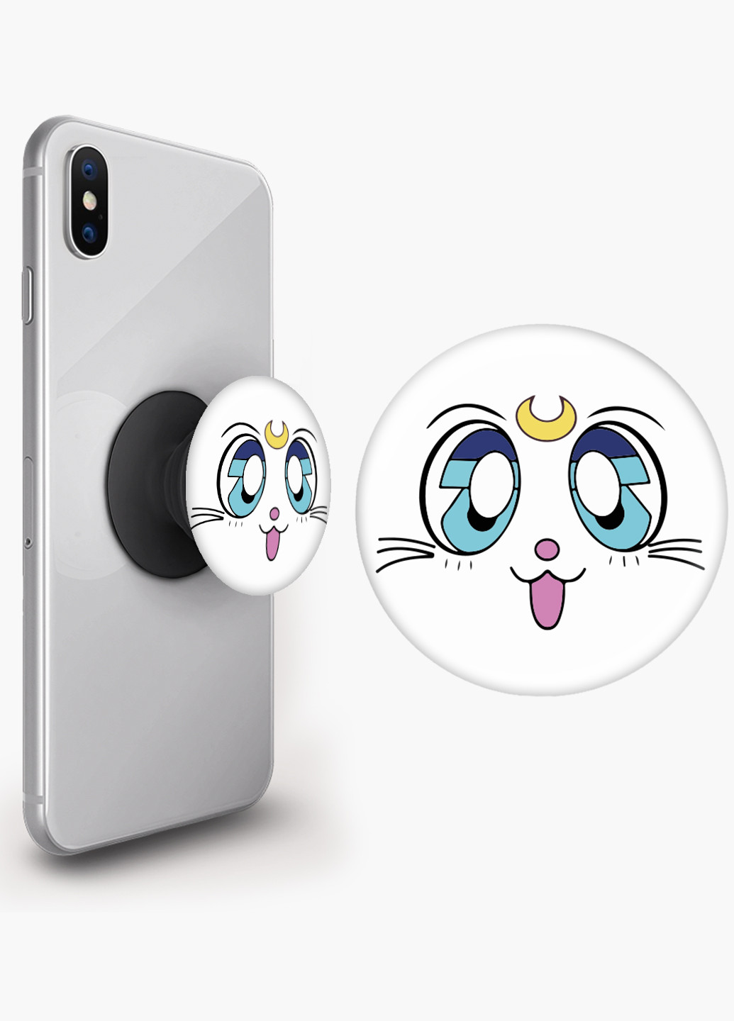 Попсокет (Popsockets) тримач для смартфону Місяць Кішка Сейлор Мун (anime Sailor Moon Cats) (8754-2921) Чорний MobiPrint (229014713)