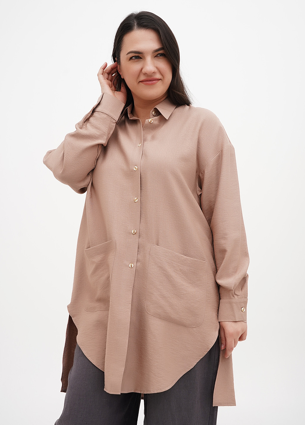 Темно-бежевая кэжуал рубашка однотонная Sambario