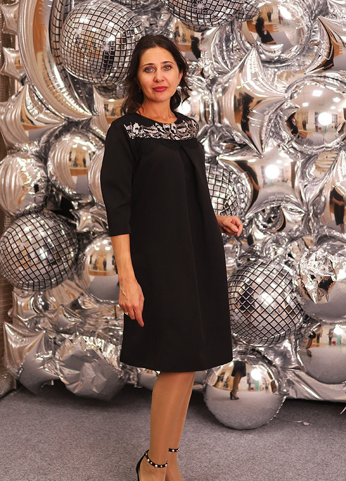Черное кэжуал просторное платье с кружевом и пайеткой колокол Marselin однотонное