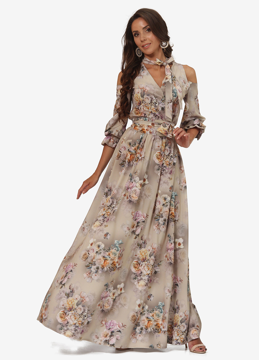 Бежевое кэжуал платье на запах Lila Kass с цветочным принтом