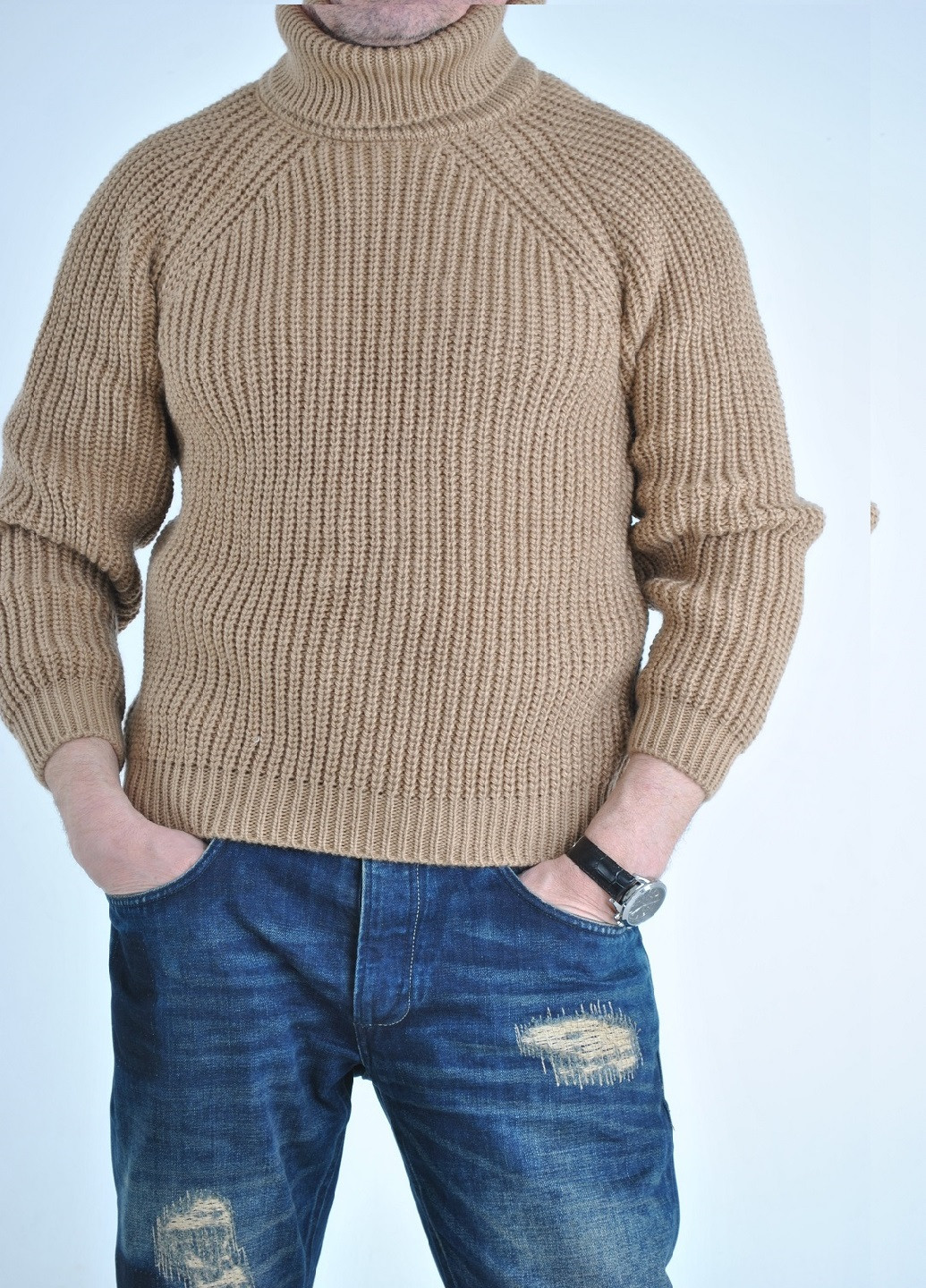 Бежевый зимний теплый мужской свитер крупной вязки Berta Lucci