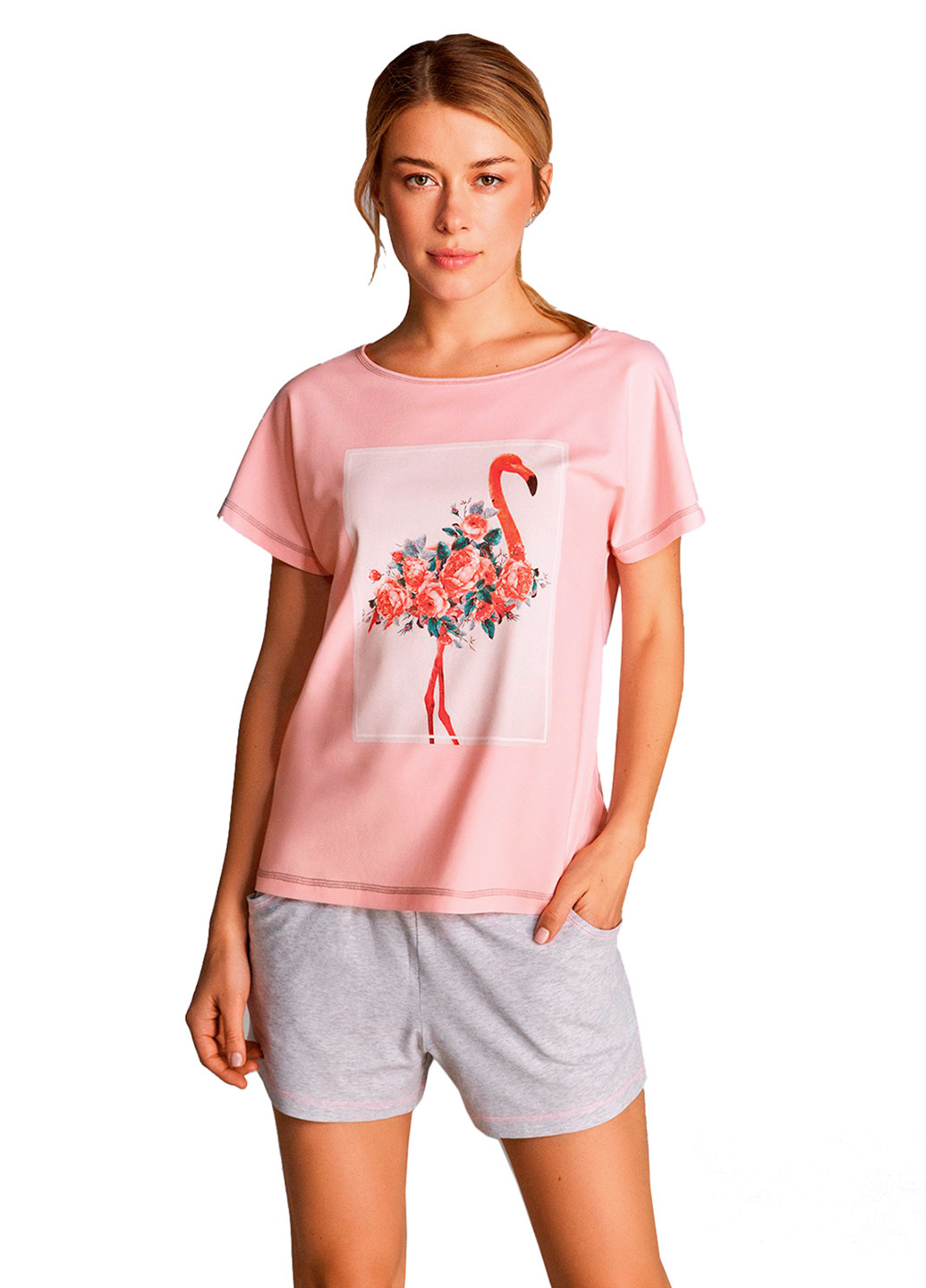Персиковий демісезонний комплект (футболка, шорти) Ellen