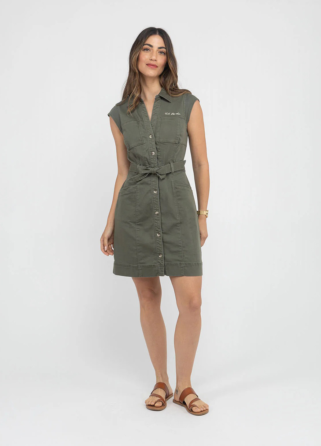 Оливковое джинсовое, кэжуал платье рубашка U.S. Polo Assn. однотонное