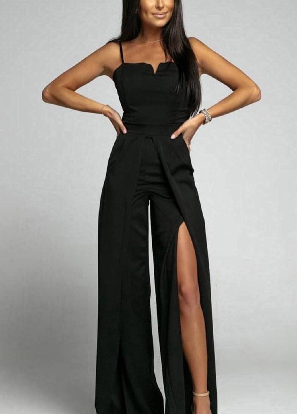 Комбинезон Fashion комбинезон-брюки однотонный чёрный кэжуал полиэстер