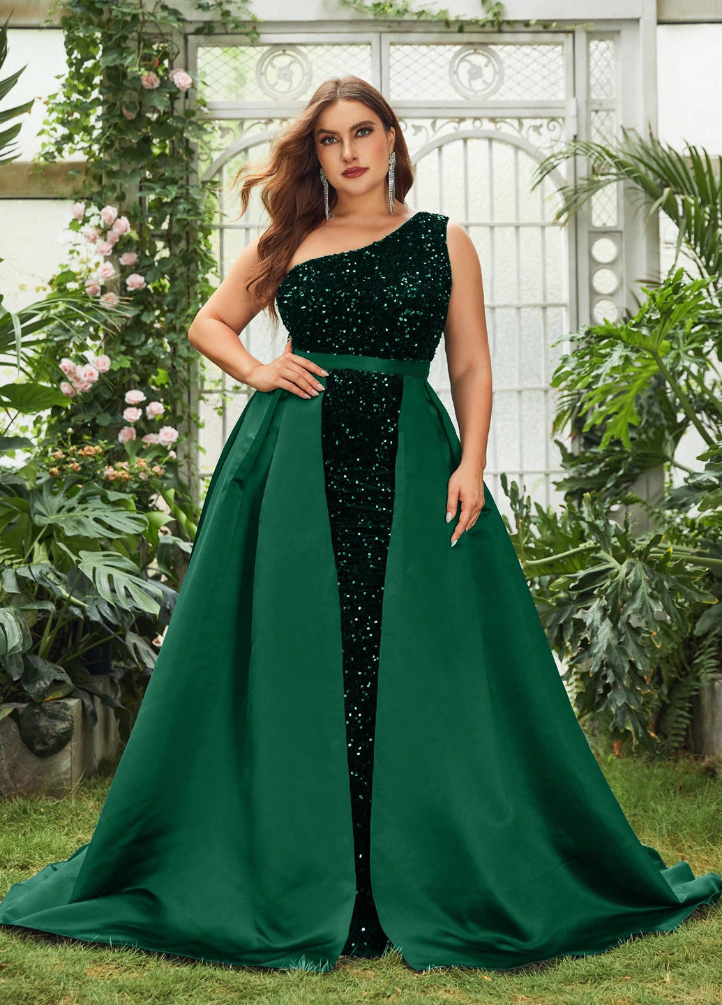 Темно-зеленое вечернее платье годе, со шлейфом, на одно плечо SHEIN однотонное