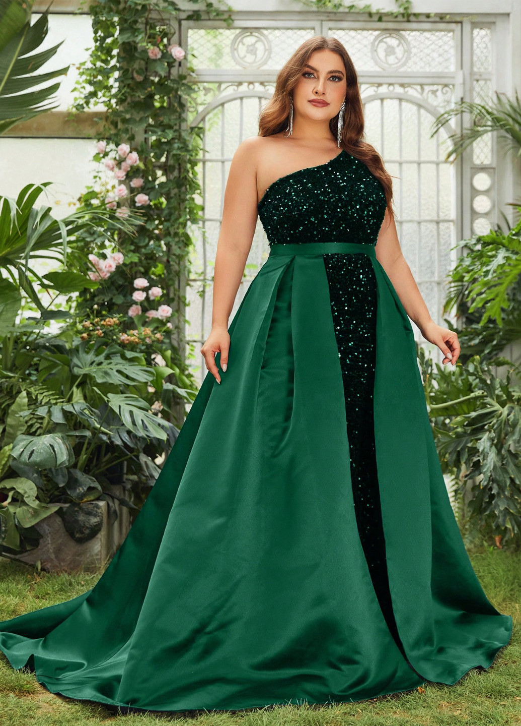 Темно-зеленое вечернее платье годе, со шлейфом, на одно плечо SHEIN однотонное