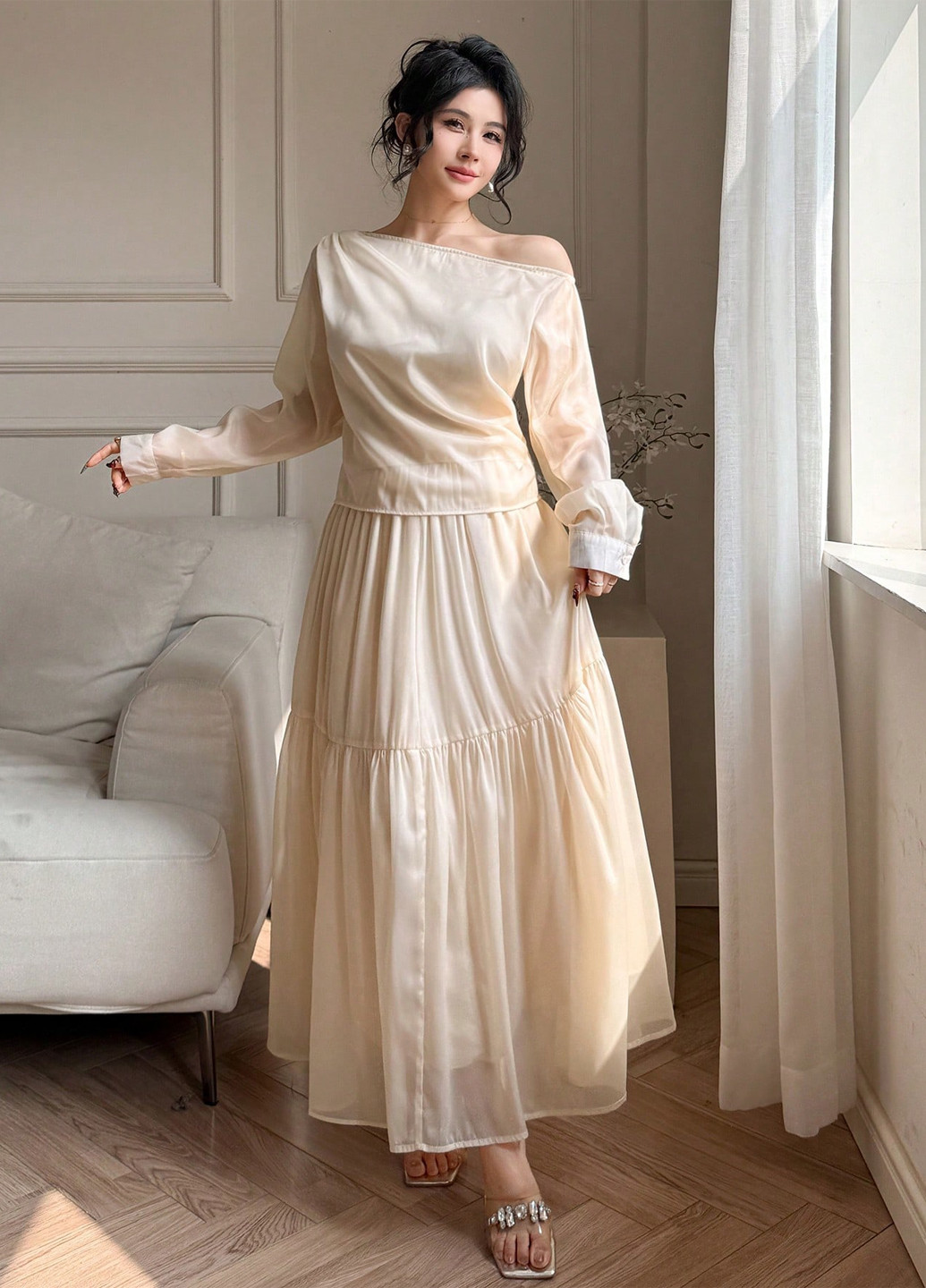 Кремовий демісезонний костюм (блуза, спідниця) SHEIN