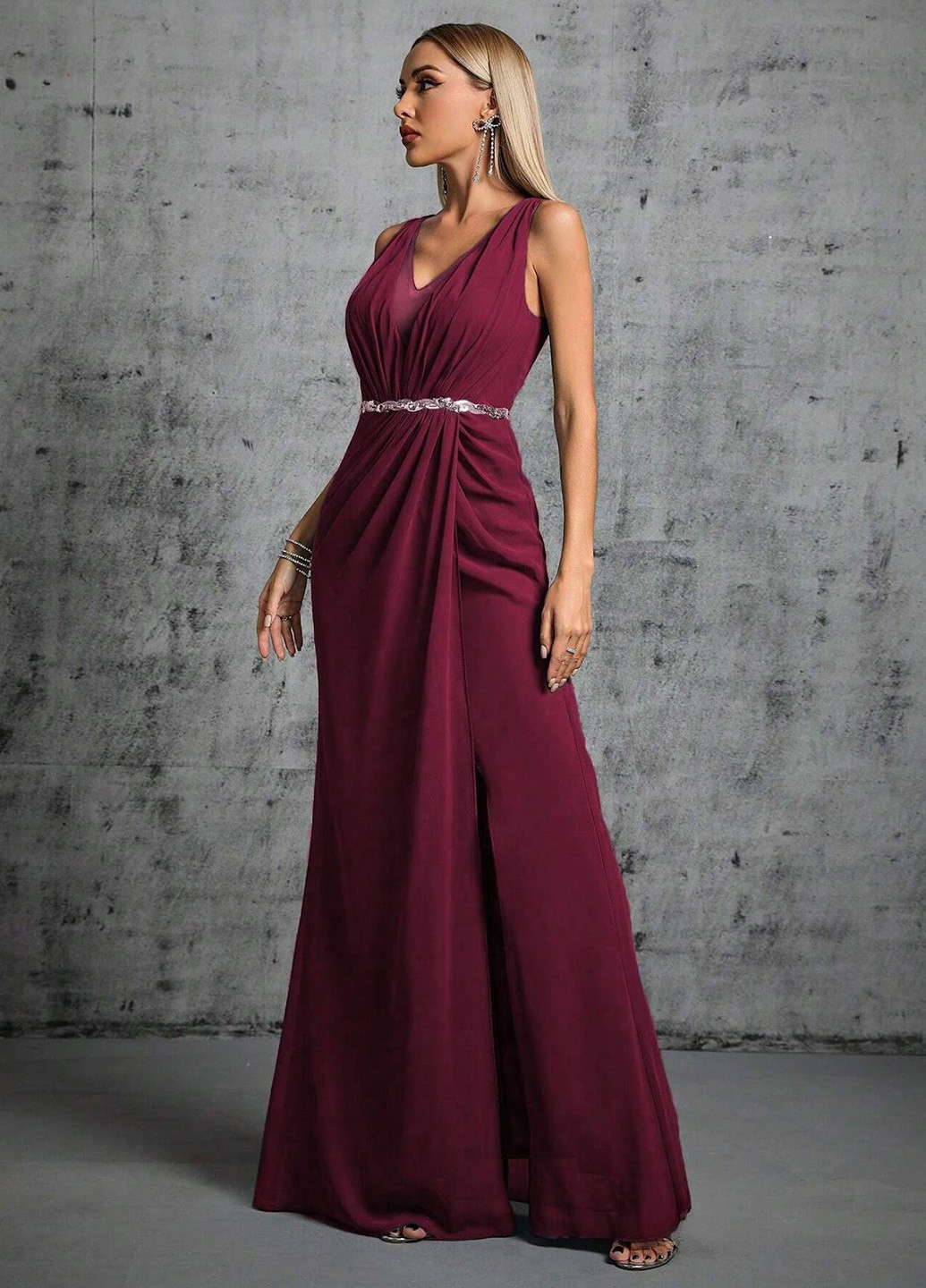 Бордовое вечернее платье SHEIN однотонное