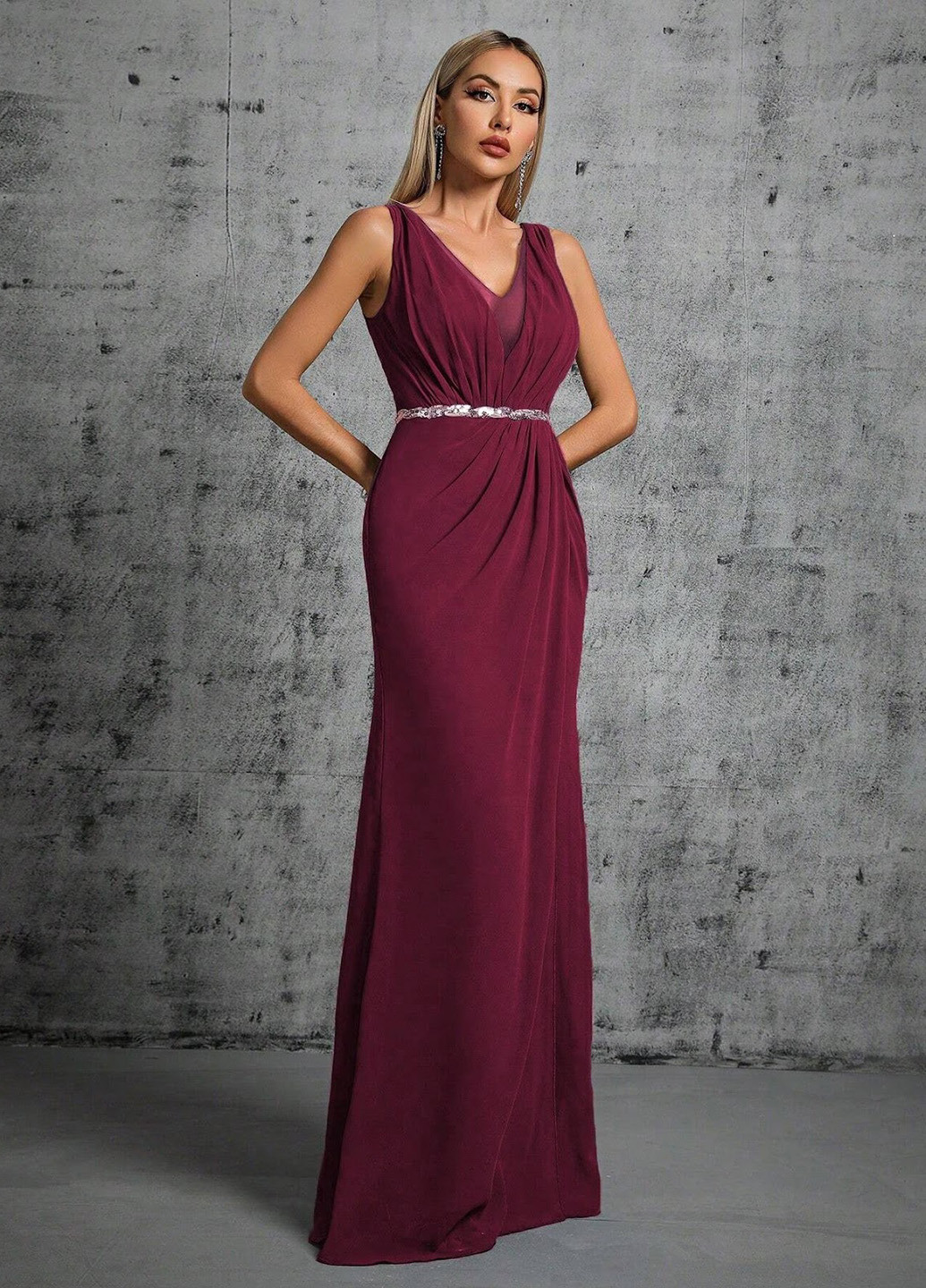 Бордовое вечернее платье SHEIN однотонное