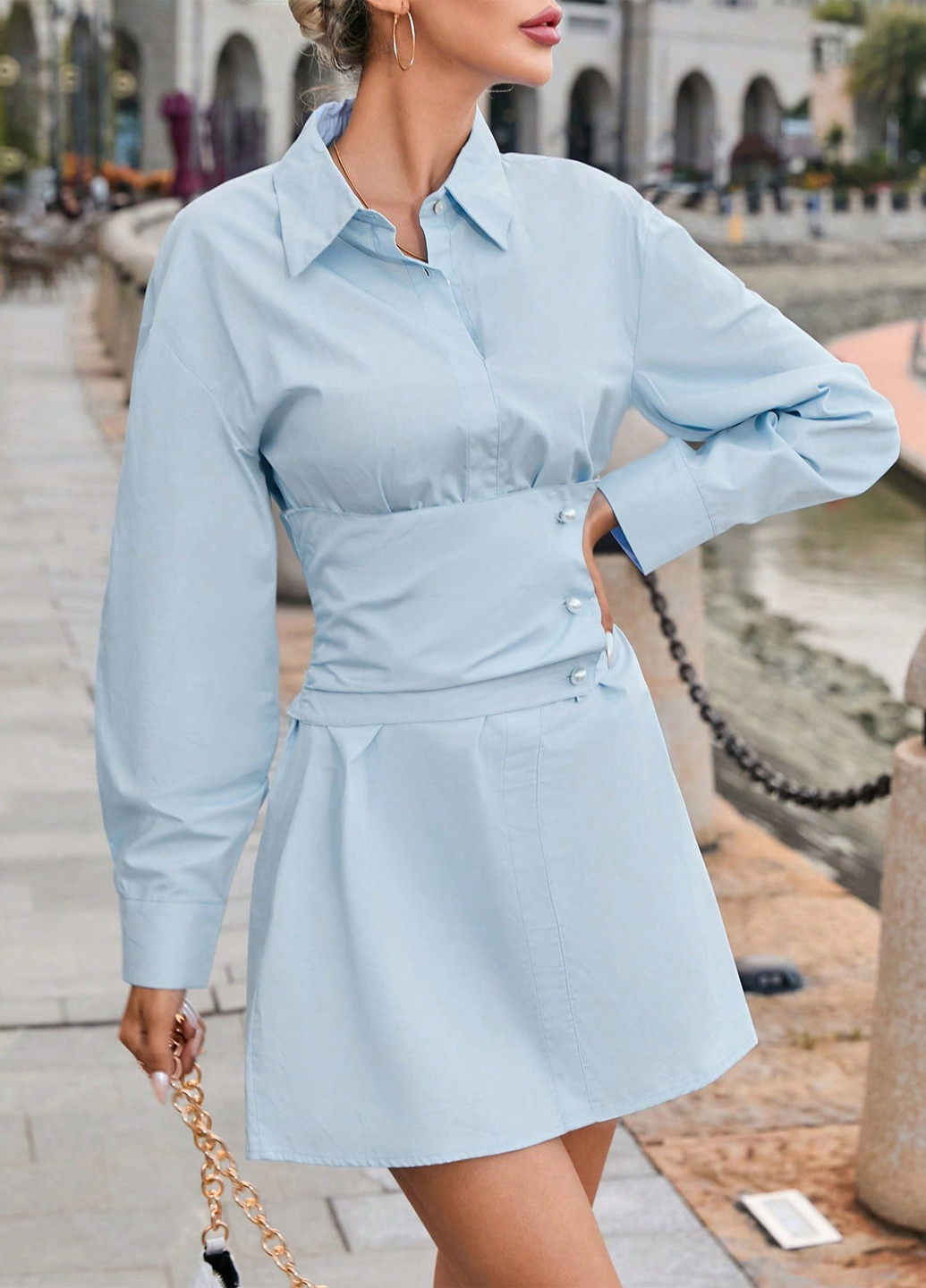 Блакитна кежуал, ділова сукня сукня-сорочка SHEIN однотонна