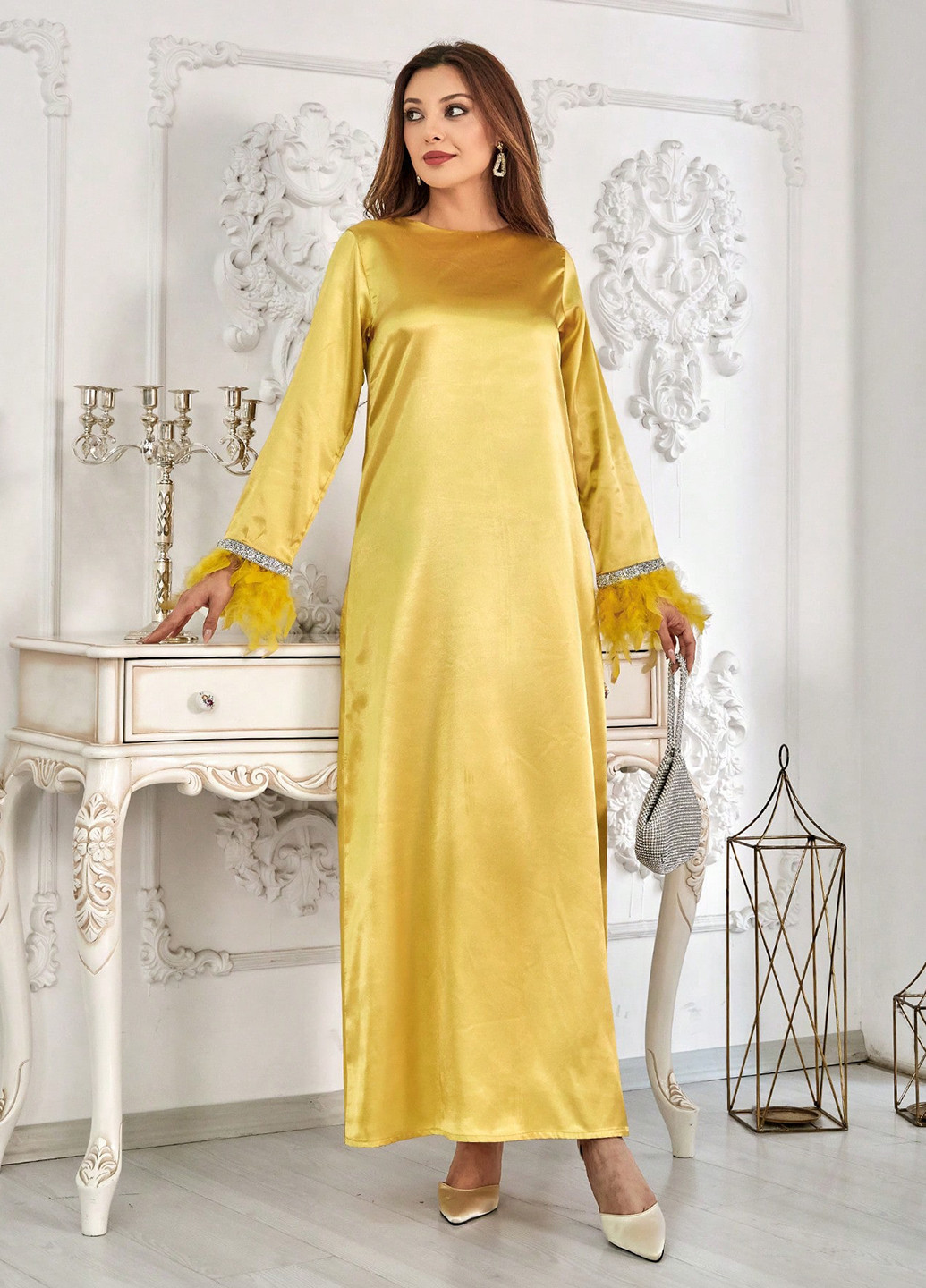 Персиковое вечернее платье а-силуэт SHEIN однотонное