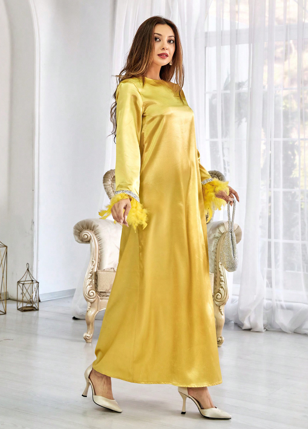 Персиковое вечернее платье а-силуэт SHEIN однотонное