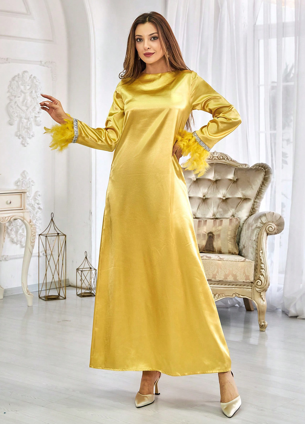 Персиковое вечернее платье а-силуэт SHEIN однотонное