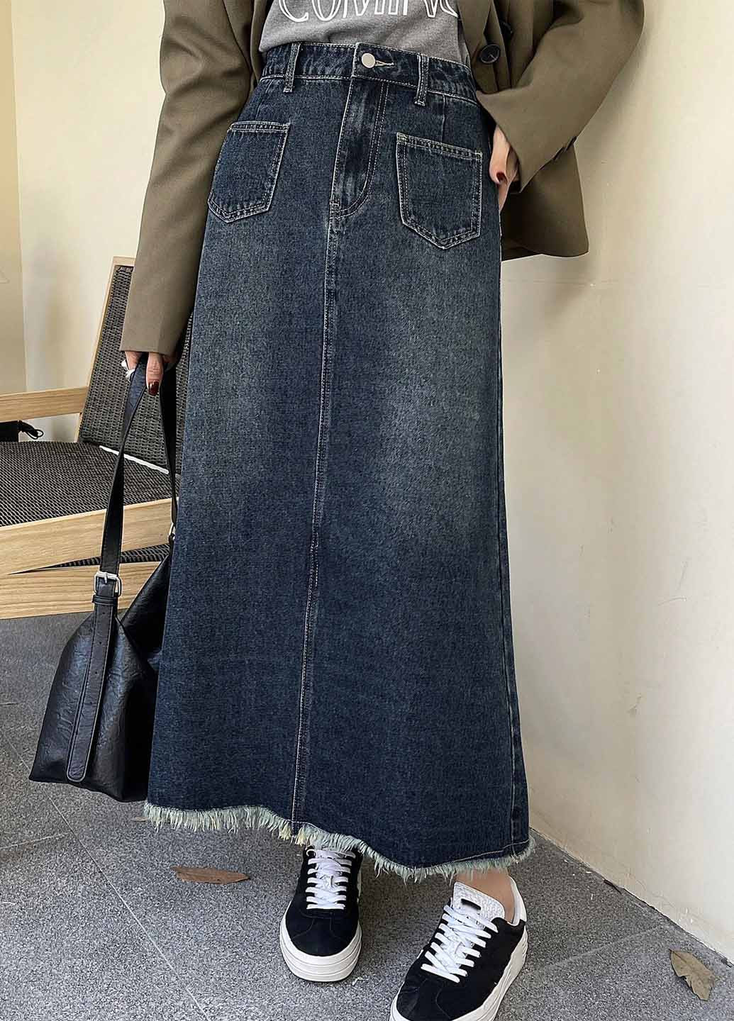 Темно-синяя джинсовая, кэжуал однотонная юбка SHEIN а-силуэта (трапеция)