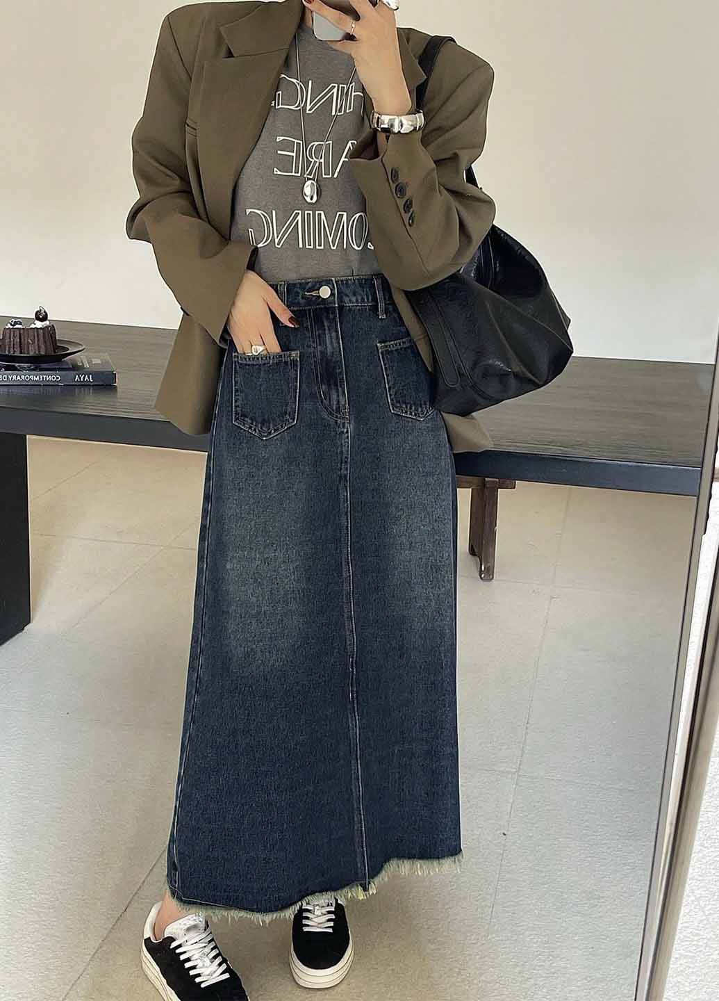 Темно-синяя джинсовая, кэжуал однотонная юбка SHEIN а-силуэта (трапеция)