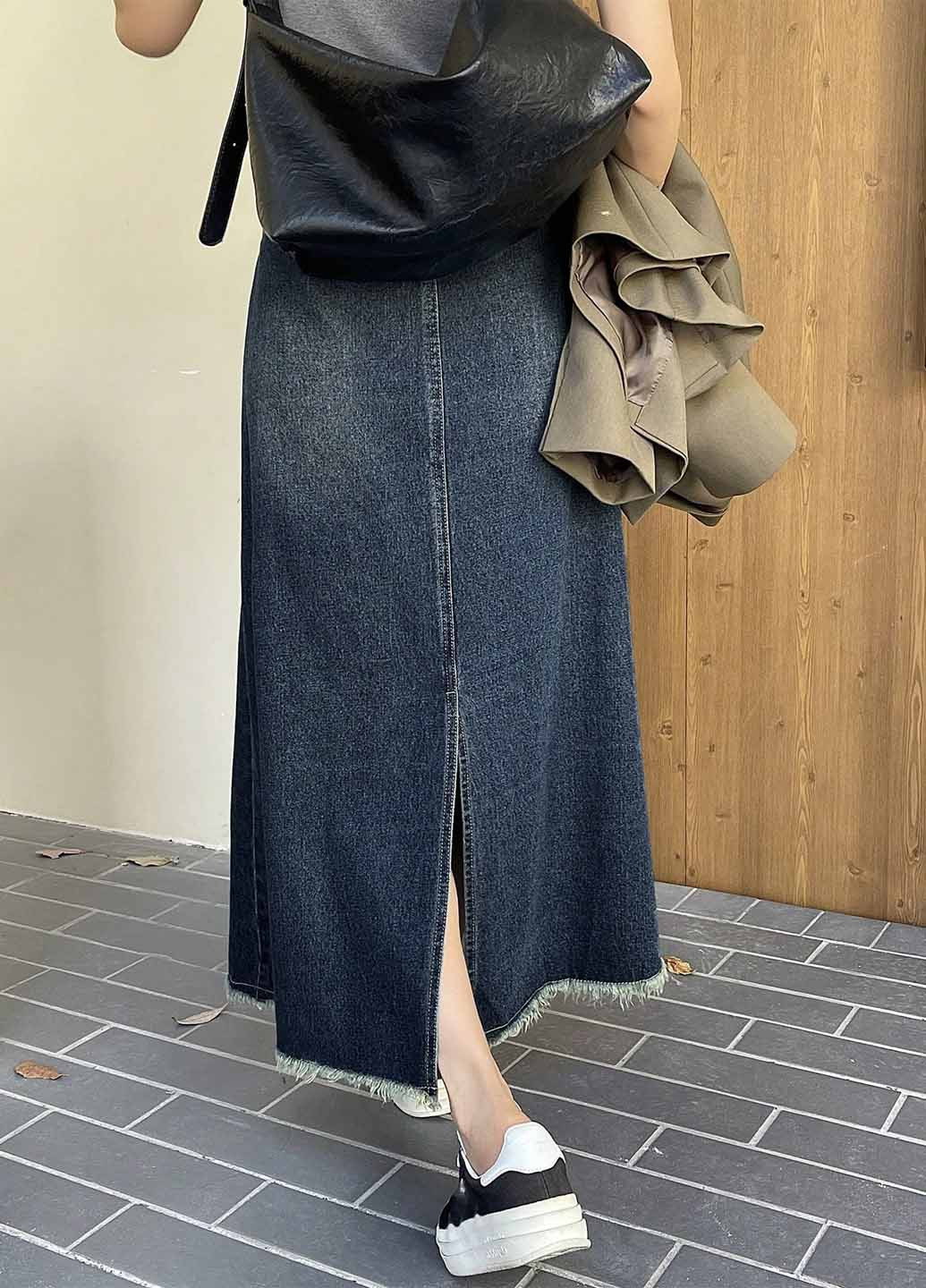 Темно-синяя джинсовая, кэжуал однотонная юбка SHEIN а-силуэта (трапеция)