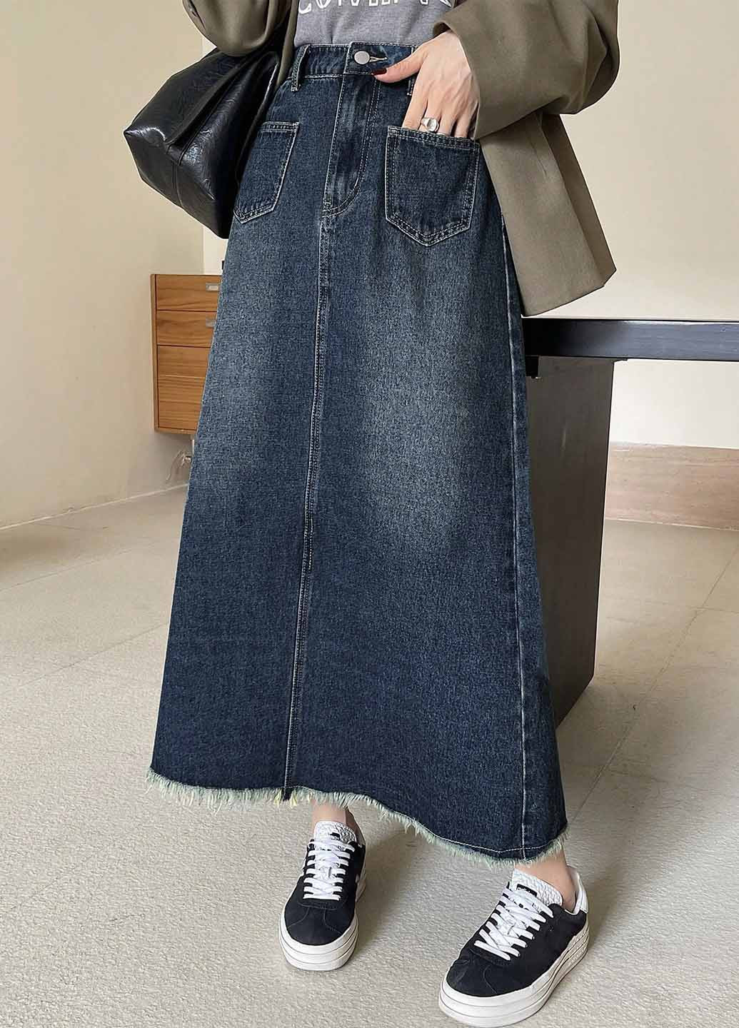 Темно-синяя джинсовая, кэжуал однотонная юбка SHEIN а-силуэта (трапеция)