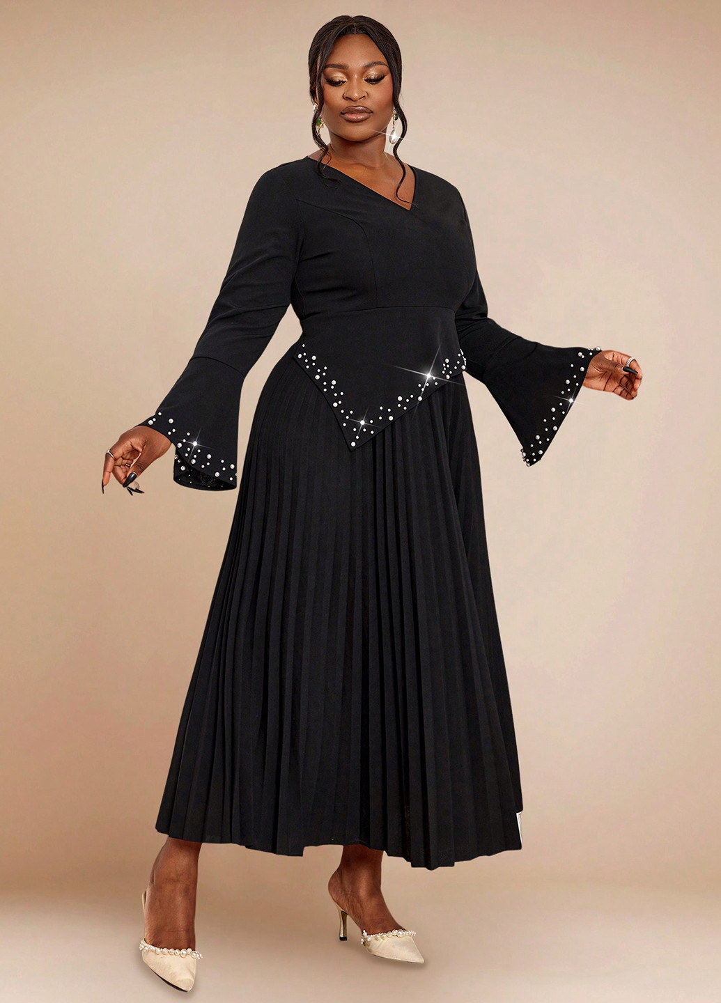 Черное праздничный, вечернее платье а-силуэт, плиссированное SHEIN однотонное
