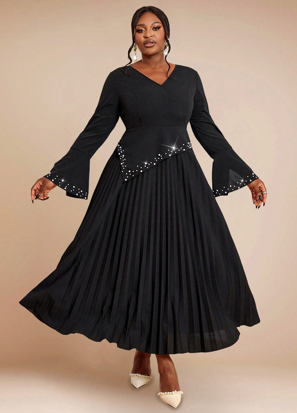 Черное праздничный, вечернее платье а-силуэт, плиссированное SHEIN однотонное