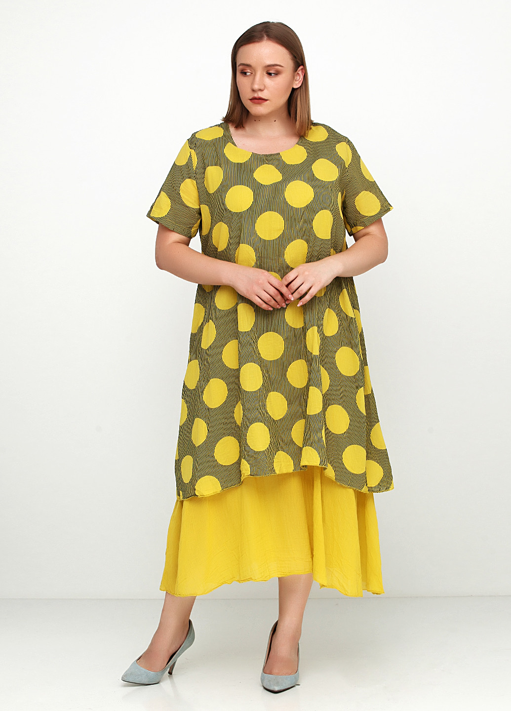 Желтое кэжуал платье New Collection в горошек