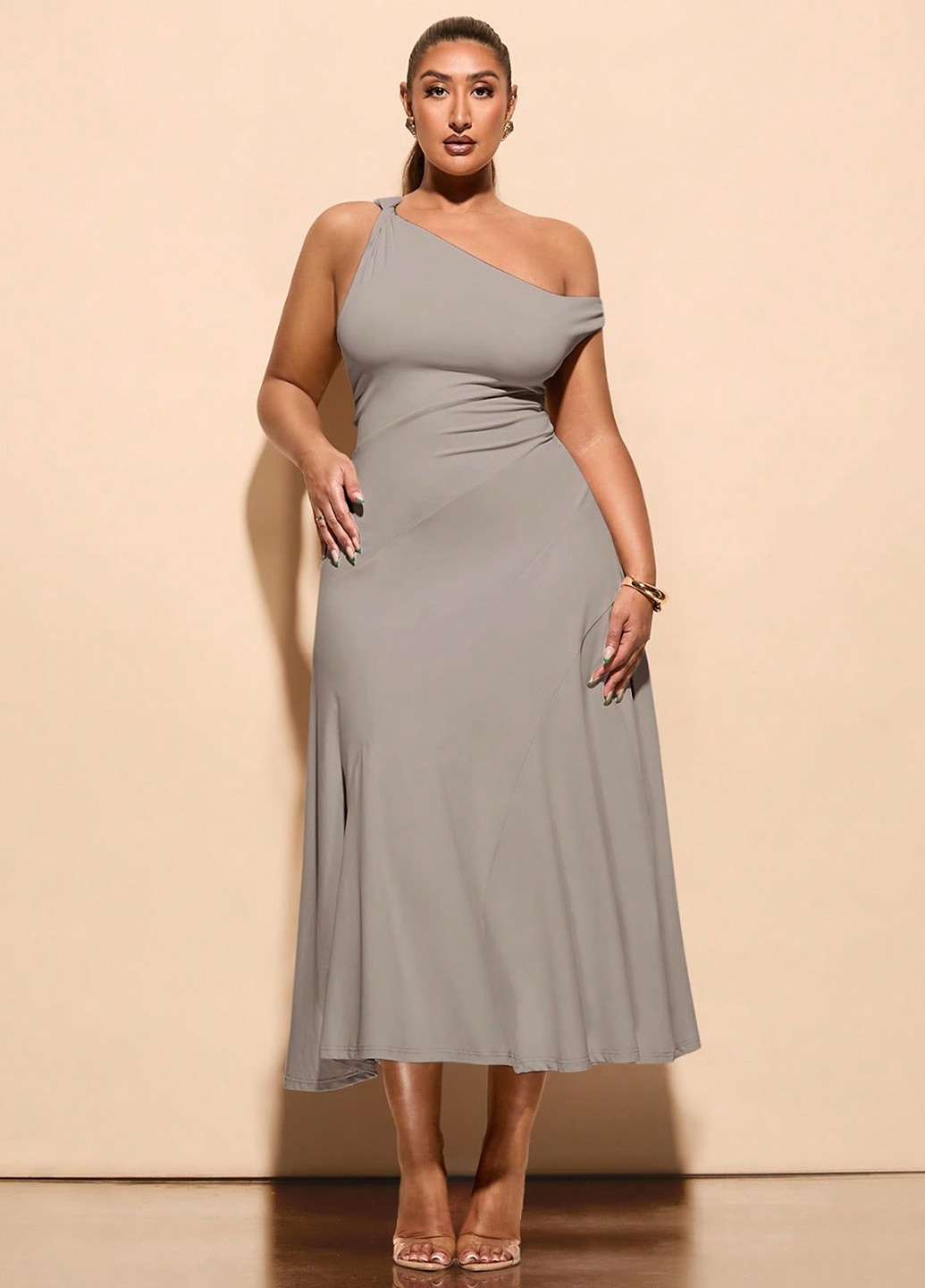 Серое коктейльное платье клеш SHEIN однотонное