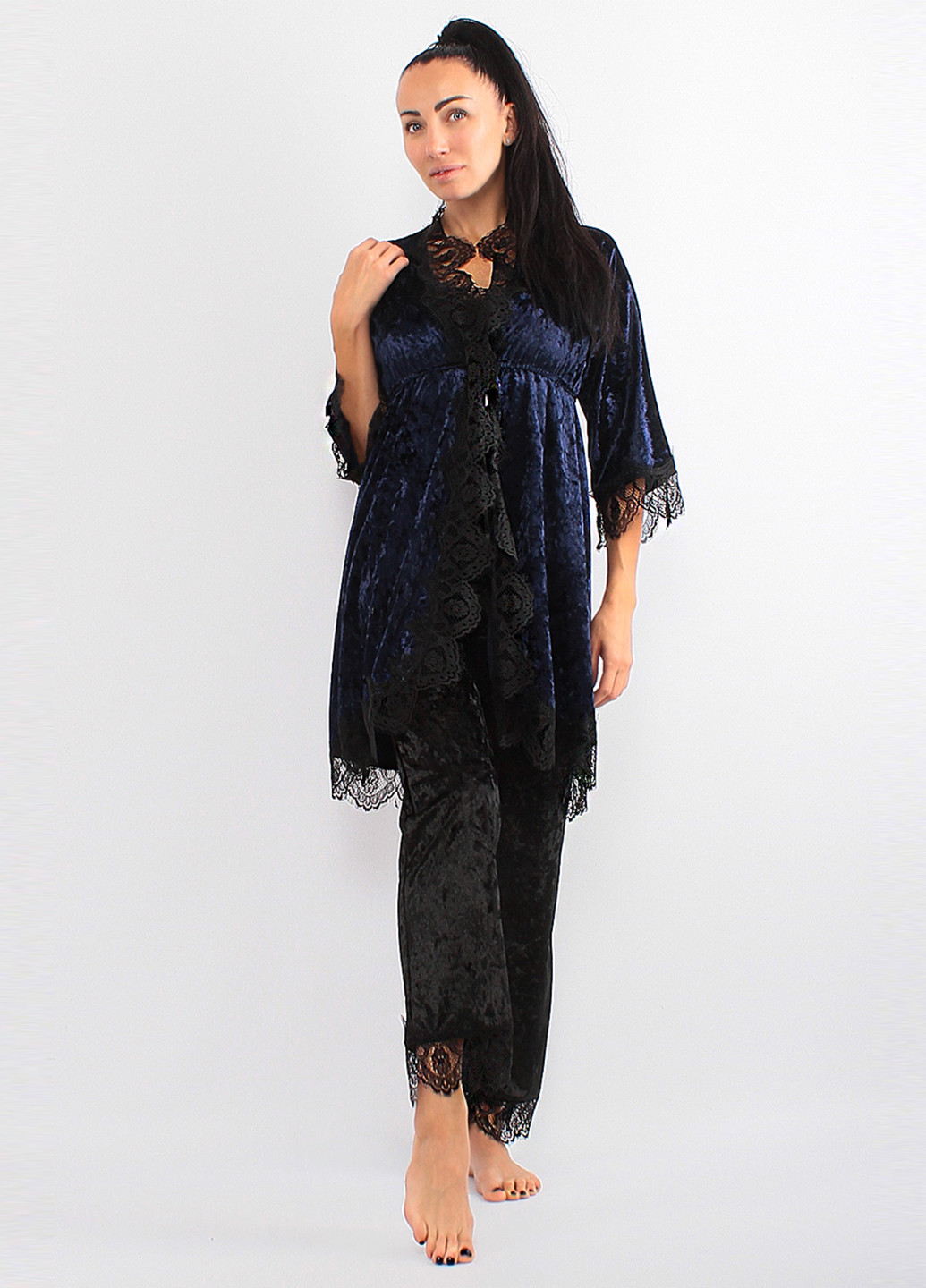 Темно-синий демисезонный комплект (халат, топ, брюки) Ghazel