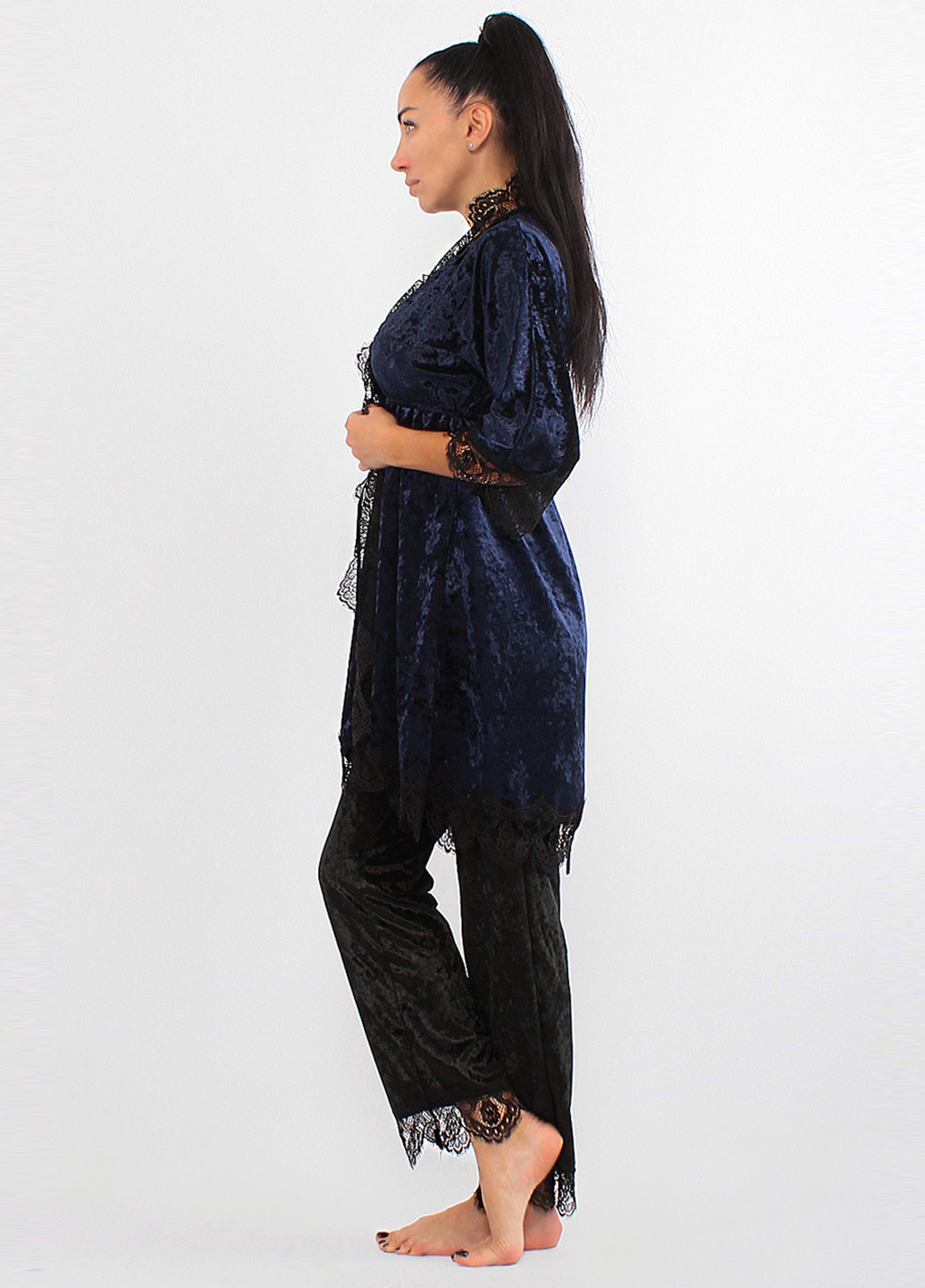 Темно-синий демисезонный комплект (халат, топ, брюки) Ghazel
