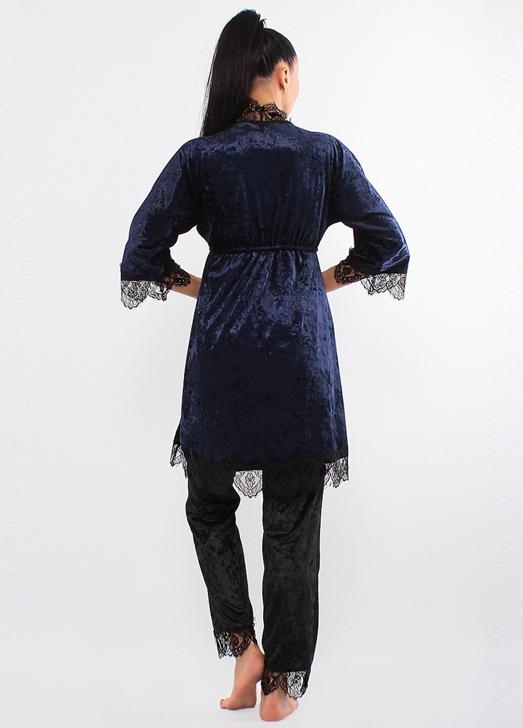 Темно-синий демисезонный комплект (халат, топ, брюки) Ghazel