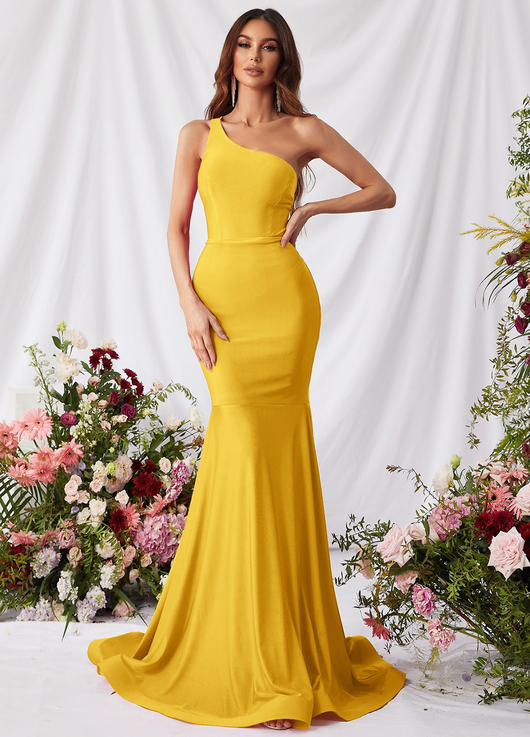 Жовтий вечірня, святковий сукня годе, на одне плече SHEIN однотонна