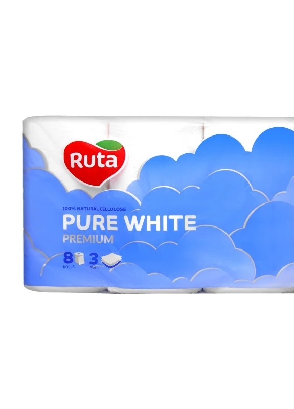 Туалетная бумага Pure White 150 отрывов 3 слоя 8 рулонов Белая Ruta (249162768)