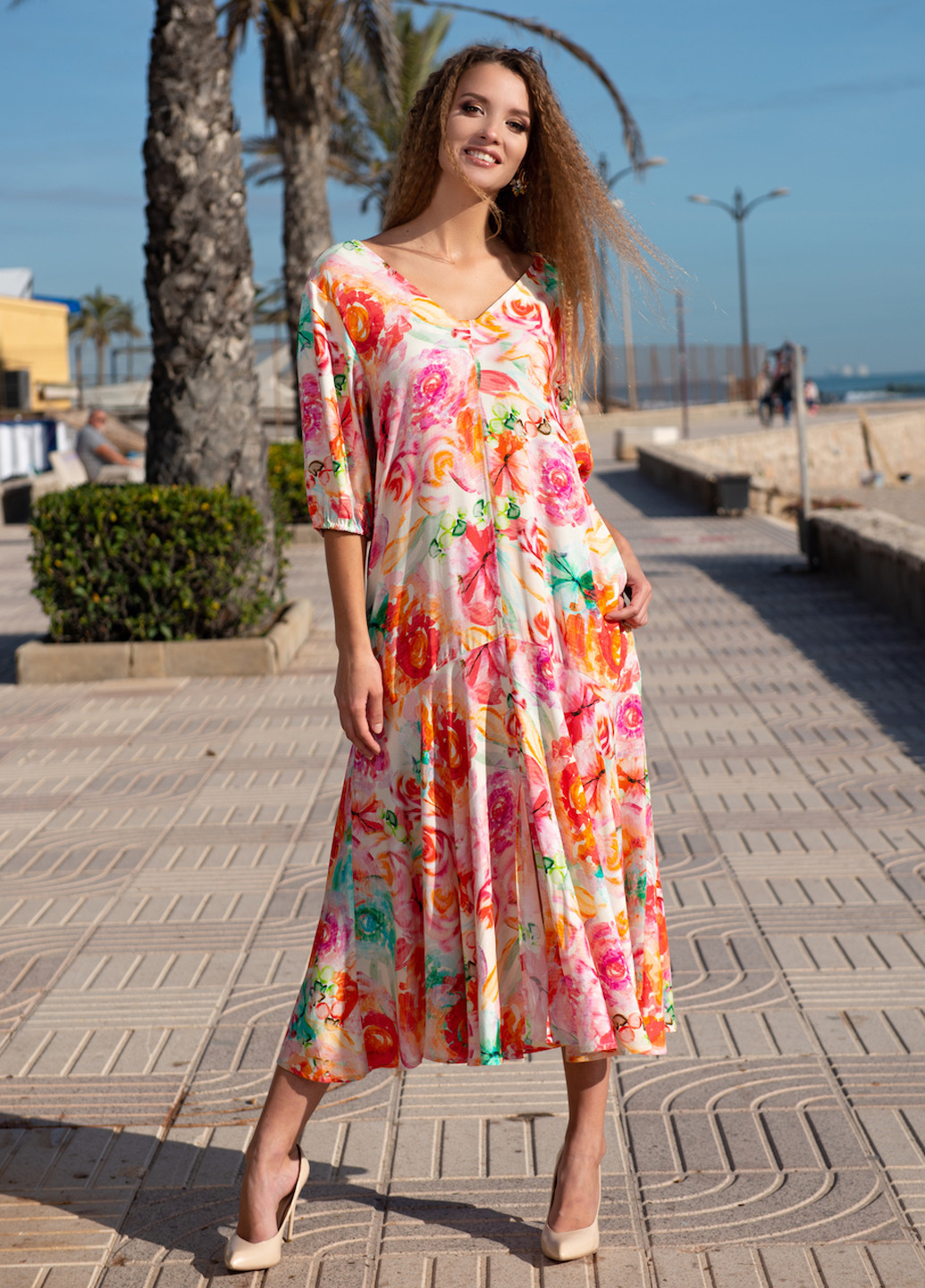 Розовое пляжное платье а-силуэт Indiano с цветочным принтом